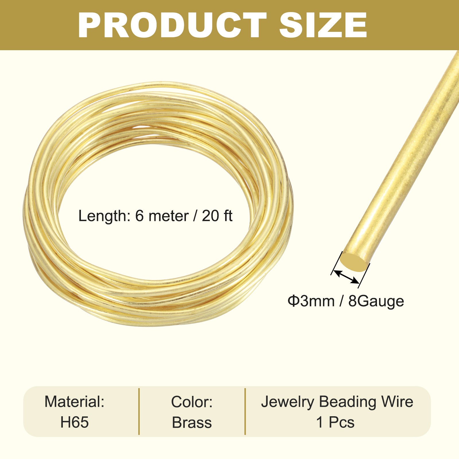 8 Gauge Brass Round Wire 20 ft Craft Tarnish Resistant Beading Wires