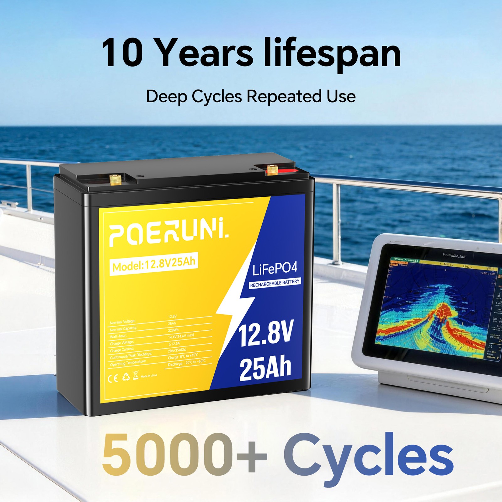 12V 25Ah LiFePO4 Lithium Battery Built-in BMS 5000+ Deep Cycle for Solar Marine