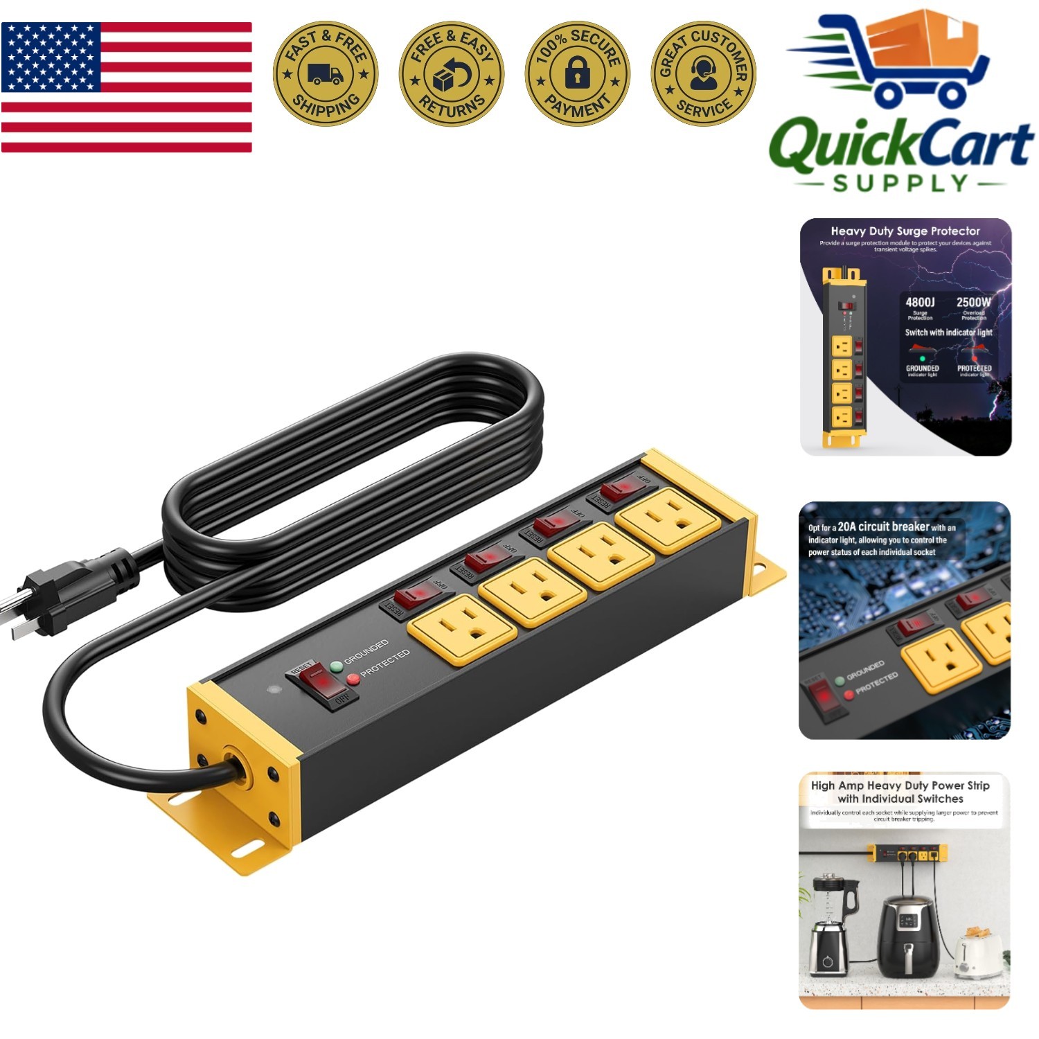 20A Surge Protector Power Strip with Individual Switches & 4800 Joules Rating