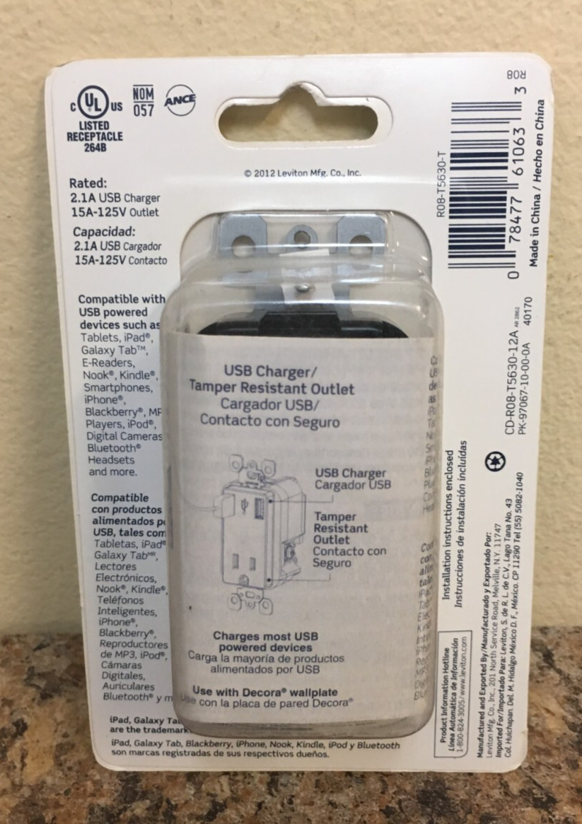 Leviton T5630-T USB Charger/Tamper Resistant Outlet 2.1 Amps 125 Volts