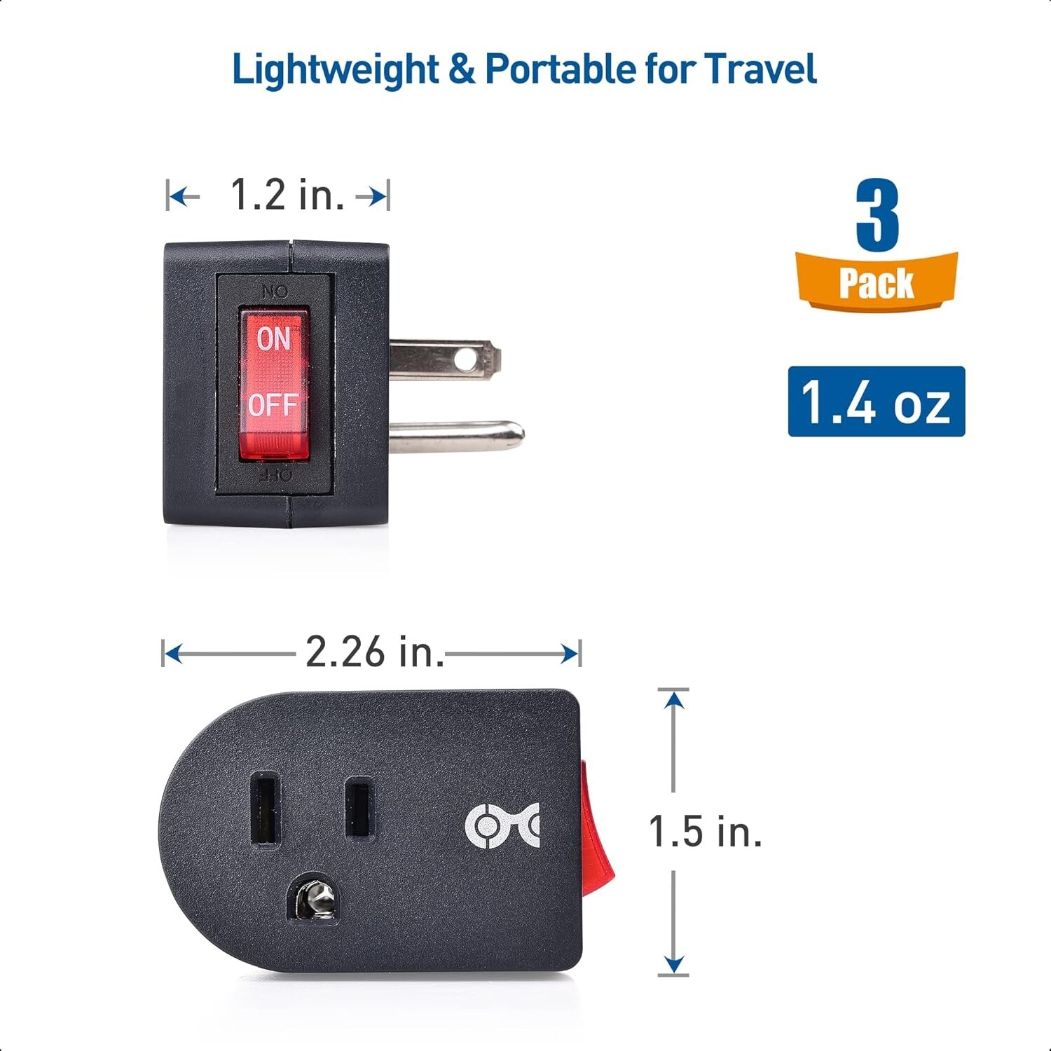 3 Pack Grounded Outlet With ON Off Switch Single Plug In Power Button Black NEW