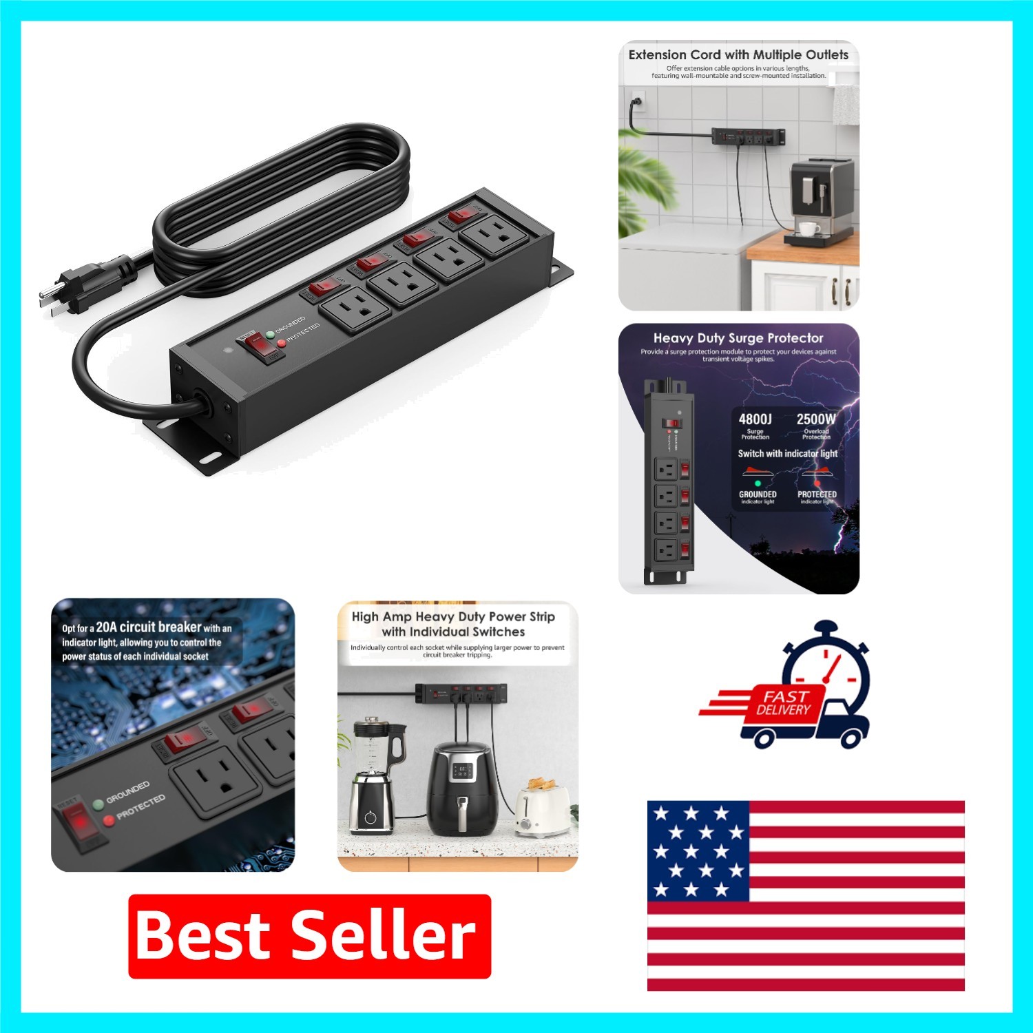 Industrial Grade Power Strip with 20A Switches & 4800J Surge Protection, Black