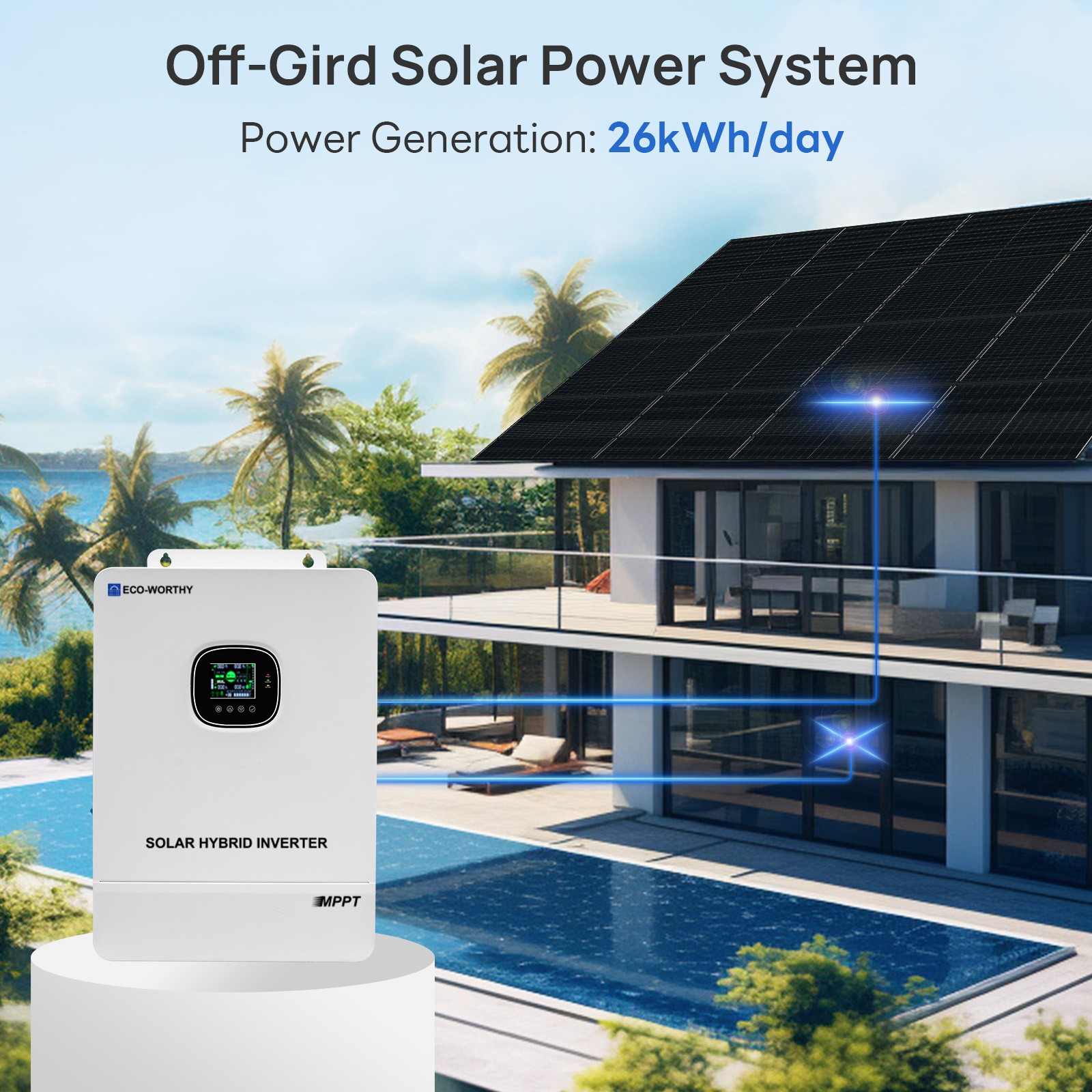 6560W Solar Panel Kit 12KW 48Vdc-120V/240Vac Output+ MPPT &Lithium Battery