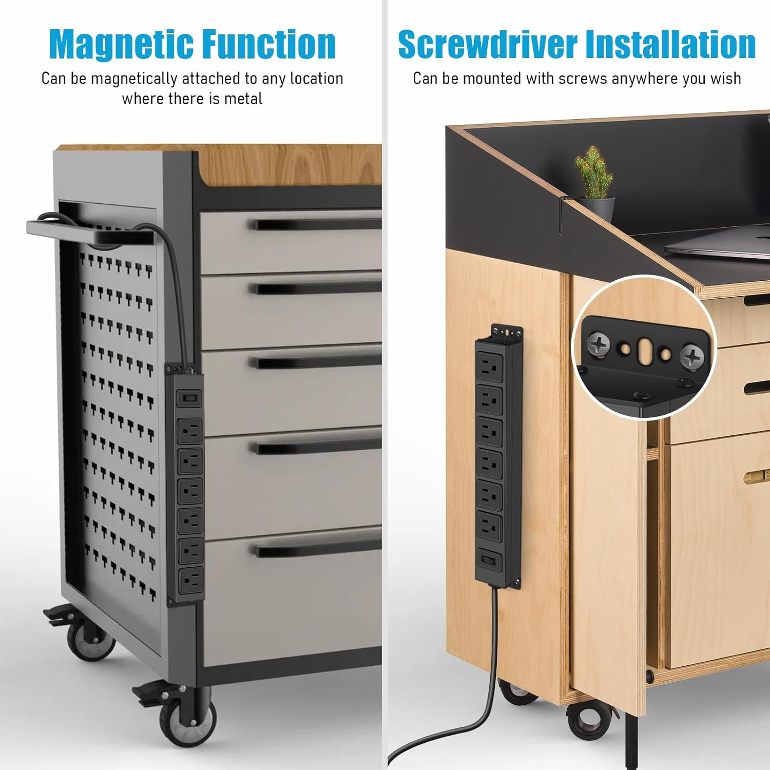 Wall Mount Magnetic Power Strip, under Desk 6 Outlet Mountable Socket, Metal Lon