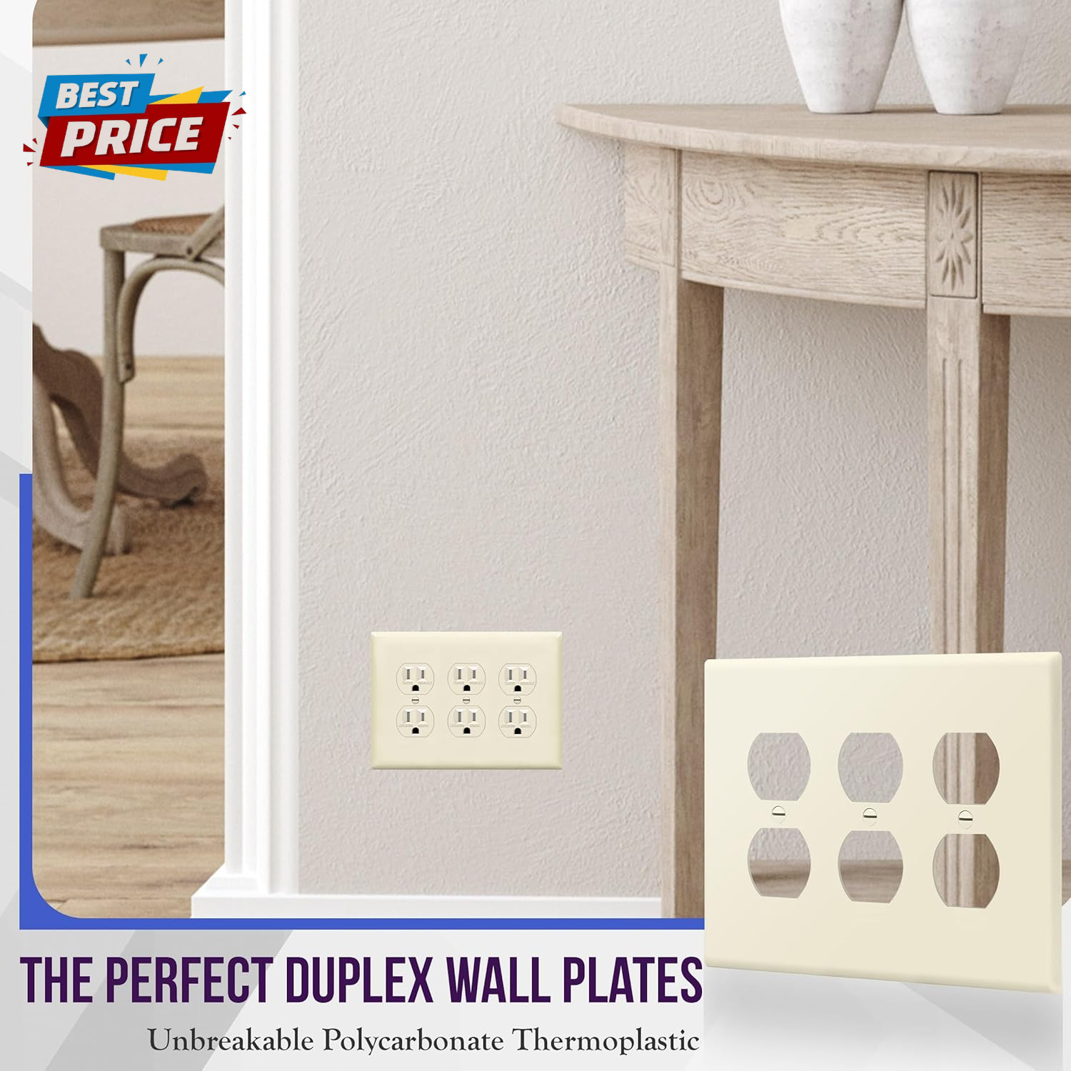 Triple Duplex Wall Plate, Three Gang Electrical Outlet Cover, Gloss Finish, Mid-