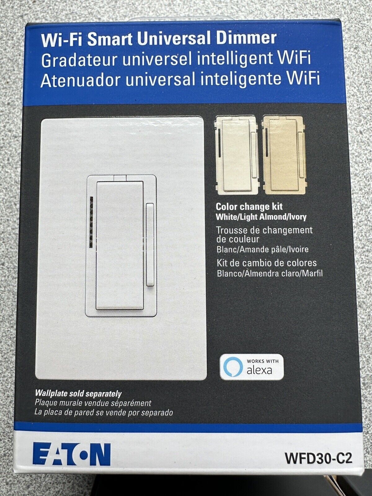 NEW Eaton WFD30-C2 Wi-Fi Smart Dimmer Switch with White/Light Almond/Ivory cover