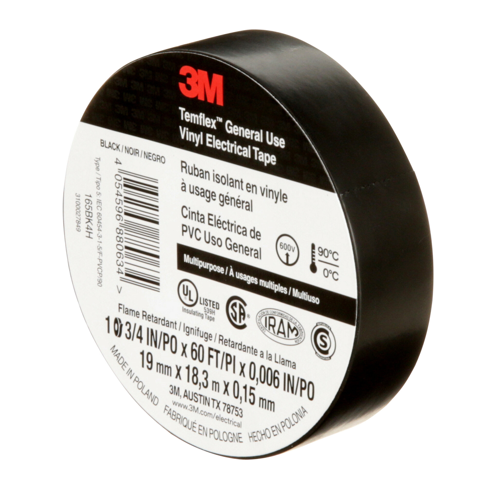 3M Temflex Vinyl Electrical Tape 165, Black, 3/4 in x 60 ft x .006 in