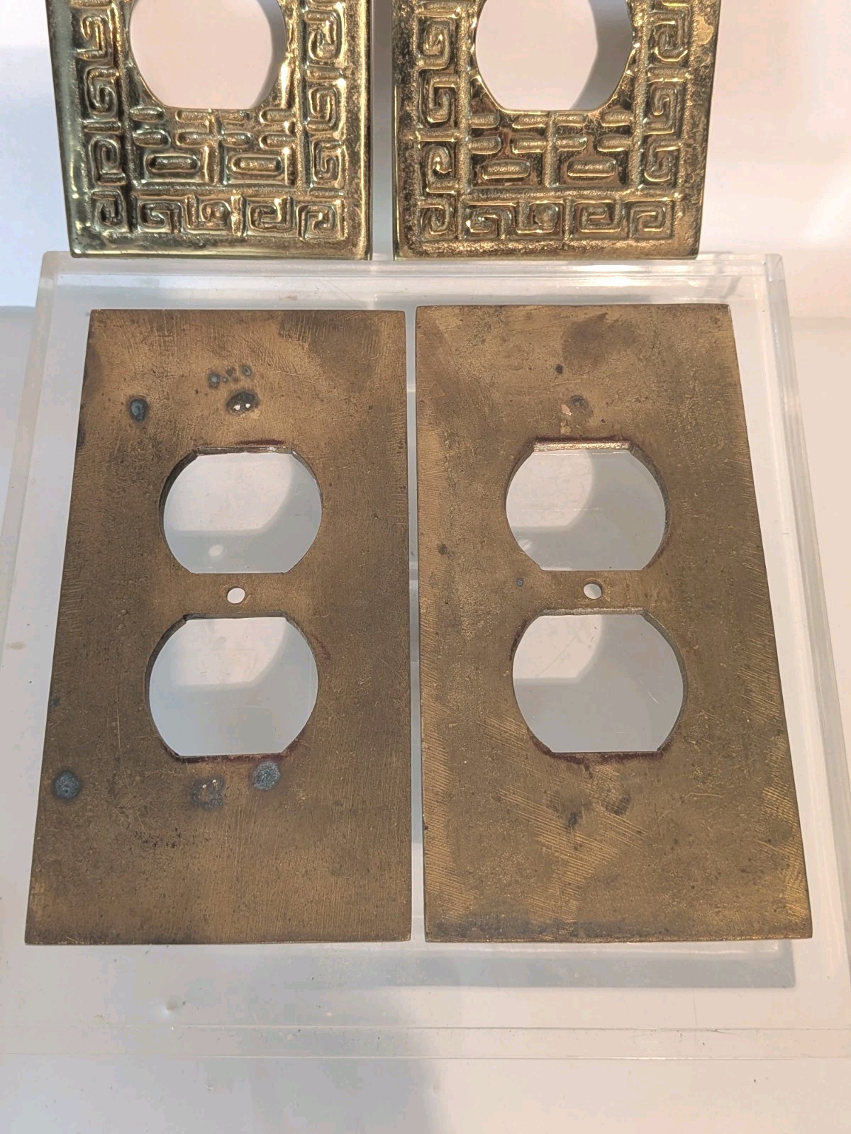 8 Brass Polished Oriental Outlet Plates Power MCM Greek Key Hollywood Regency