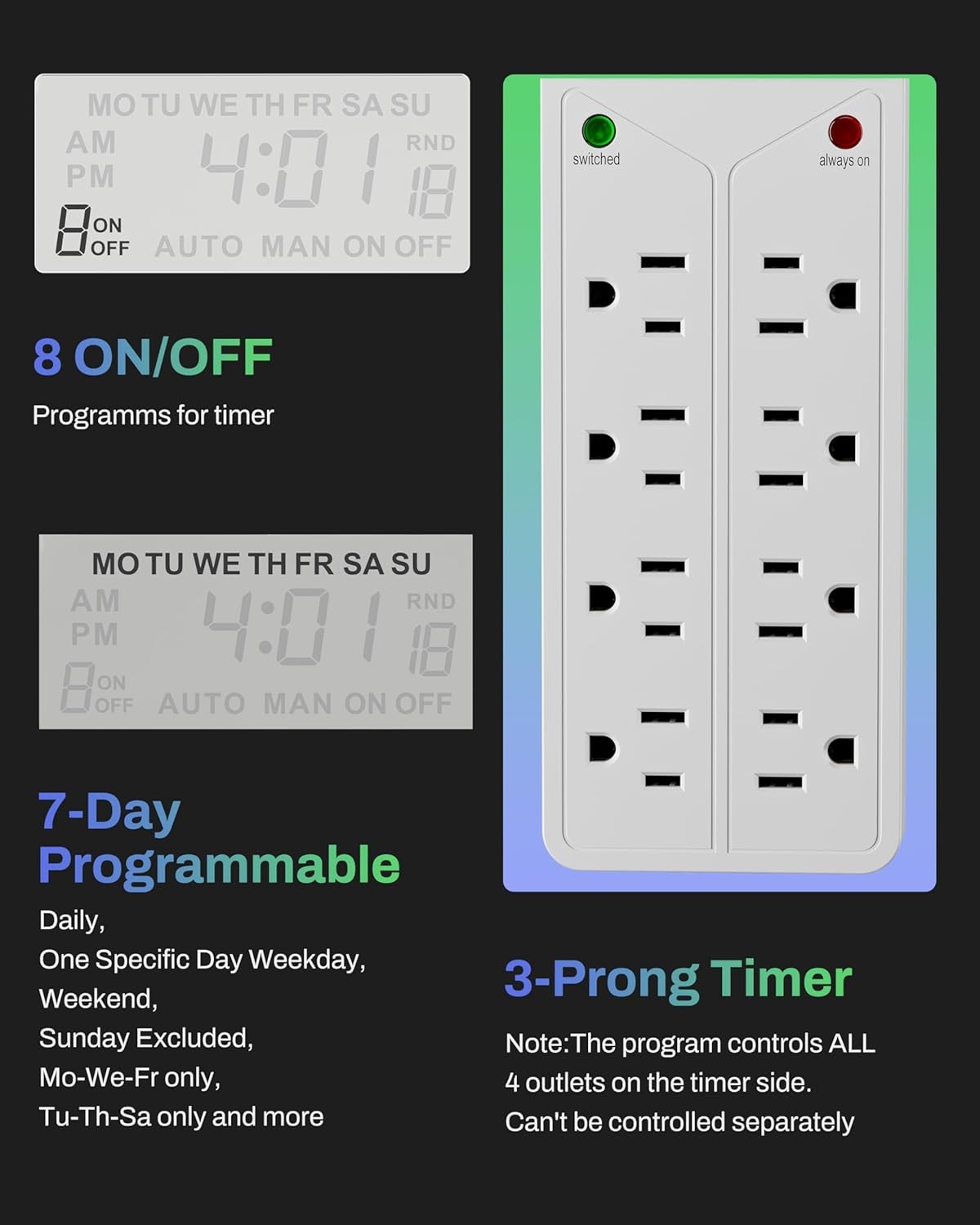 BN-LINK 8 Outlet Surge Protector with 7Day Digital Timer (4 Timed +4 Always On)