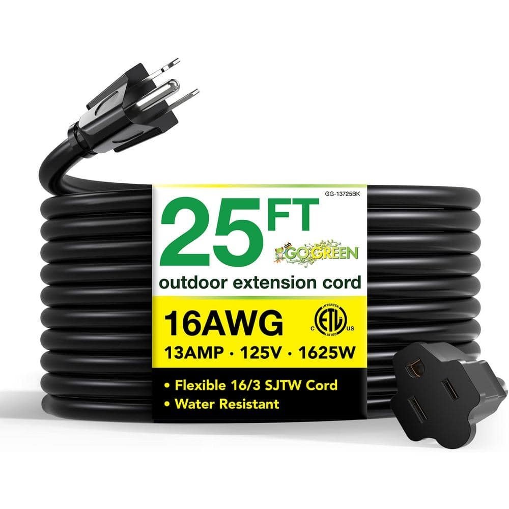 GoGreen Power 25 ft. 16/3 Heavy Duty Extension Cord – Black