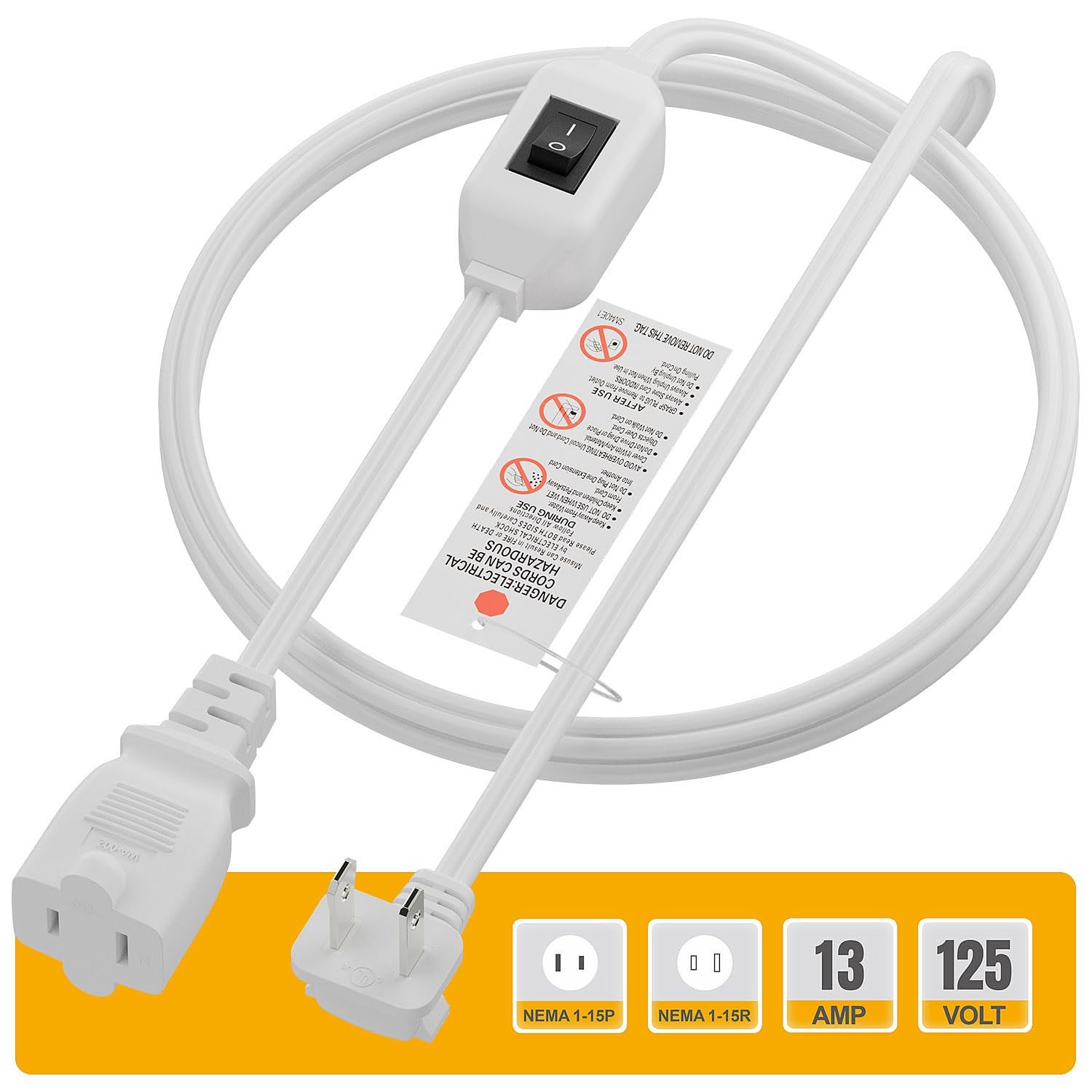 6FT On Off Switch Extension Cord, Plugrand Angled 2Prong Polarized Cord