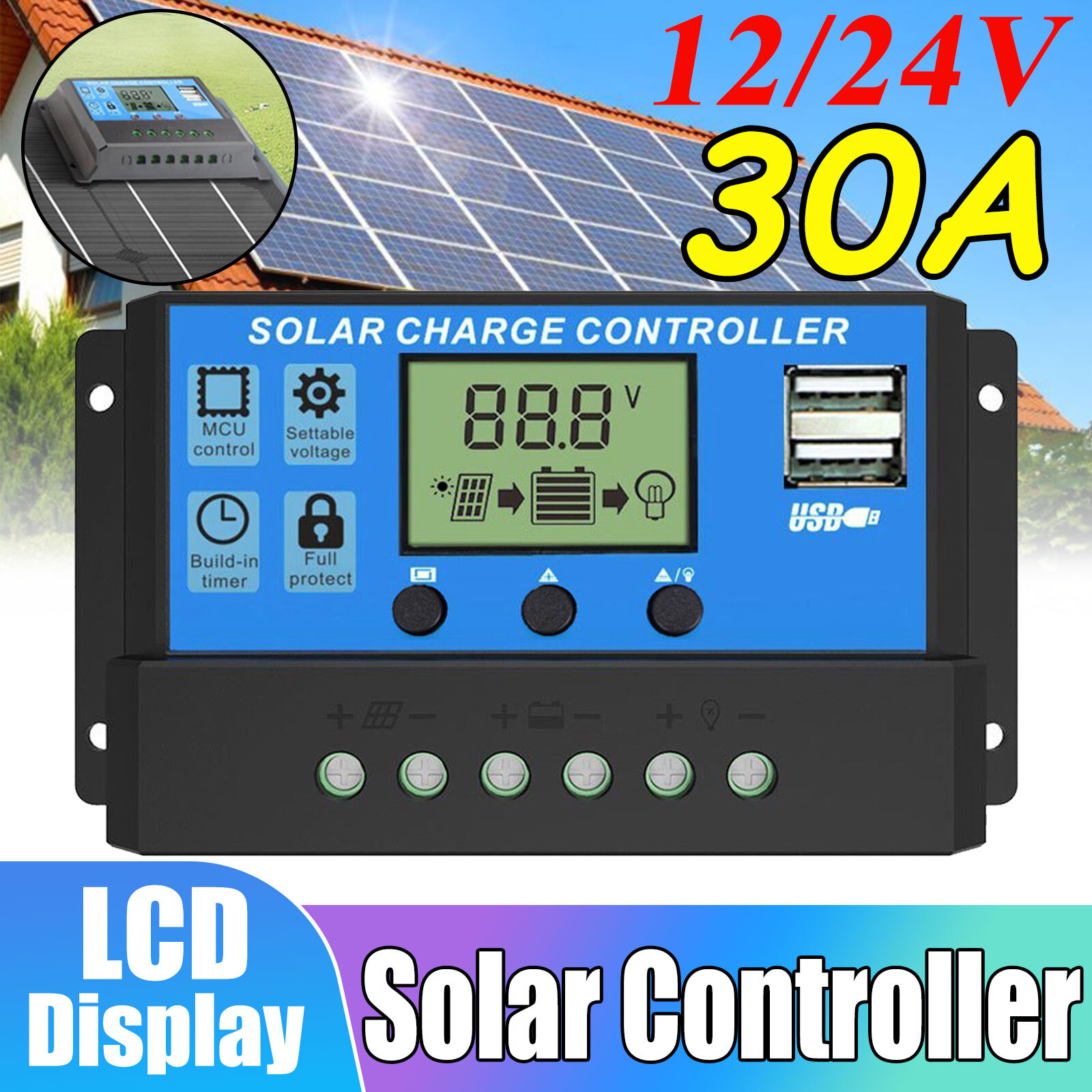 PWM 30A Solar Charge Controller 12V 24V LCD Display Dual USB Panel Charger Home