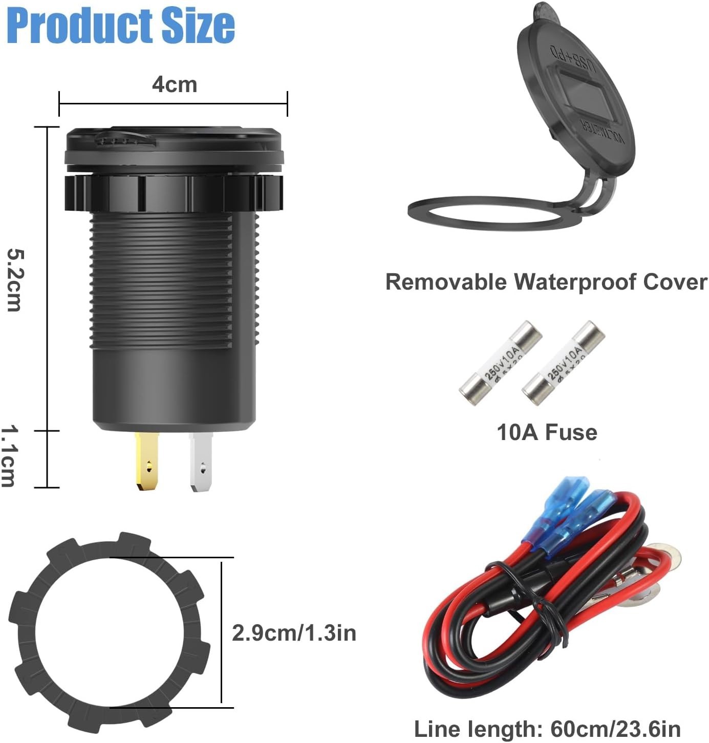 12V USB Outlet Dual QC 3.0 PD3.0 Car Charger Waterproof Volt Meter Switch
