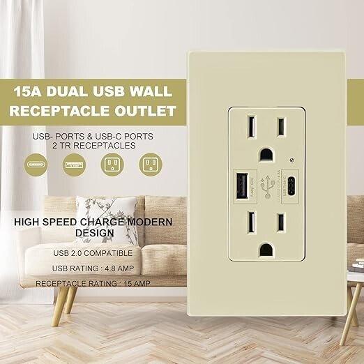 4.8A USB C Outlet 24W UL Dual High Speed Decora Receptacle 15 Amp,125 Volt，1Pack