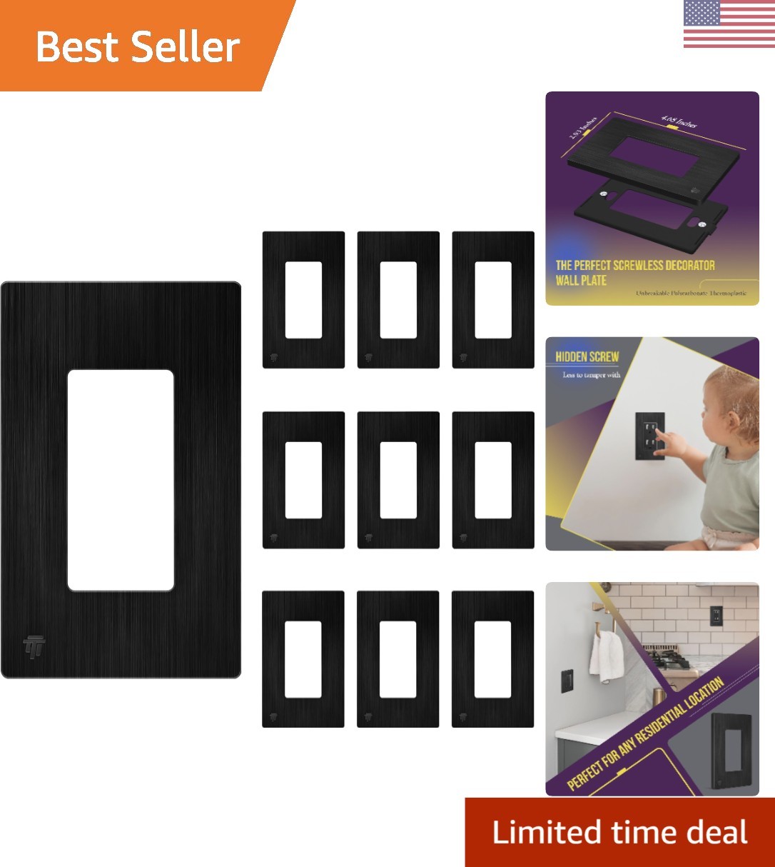 Durable Polycarbonate Black Screwless Wall Plates – 10 Pack, Gloss Finish