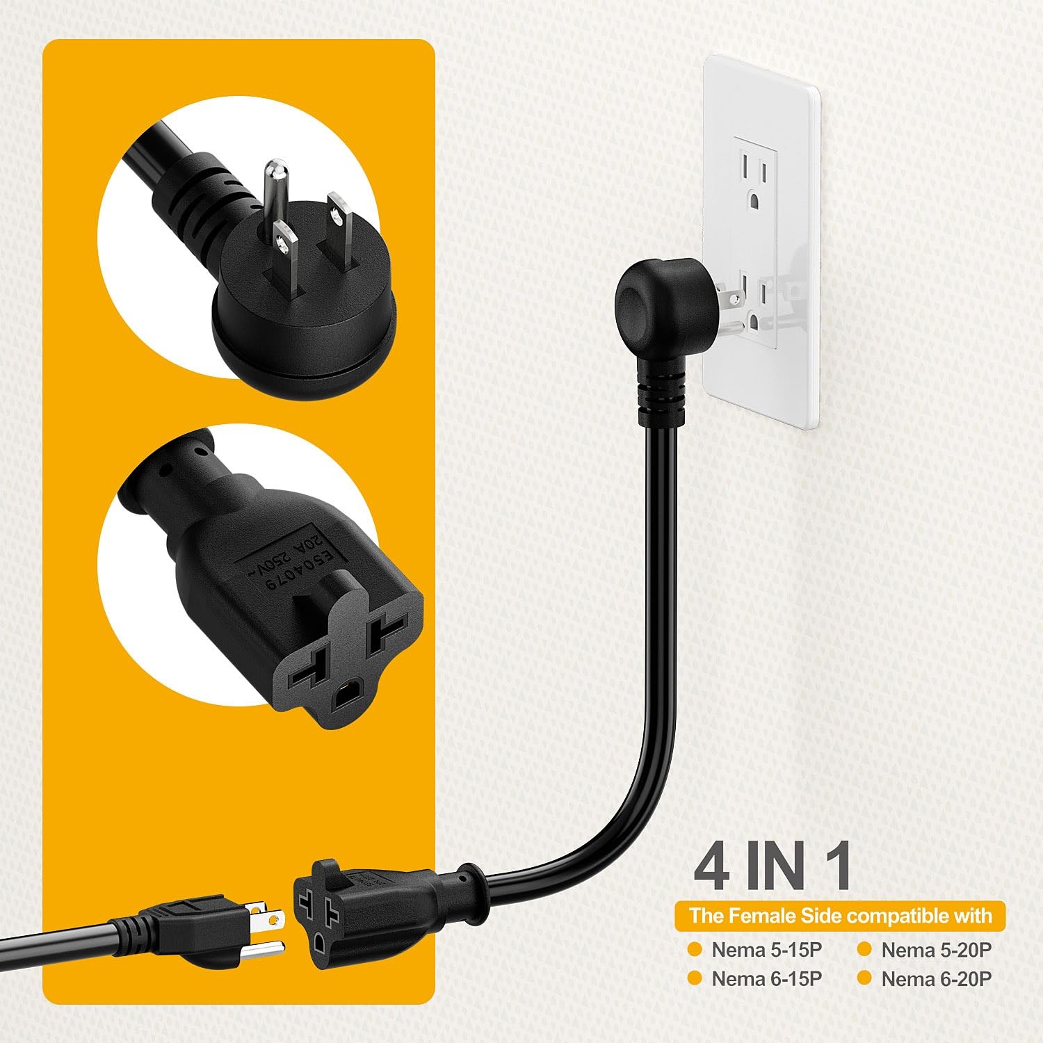 Angled 4-in-1 12AWG 15 Amp Household Plug to 20 T Blade Adapter black