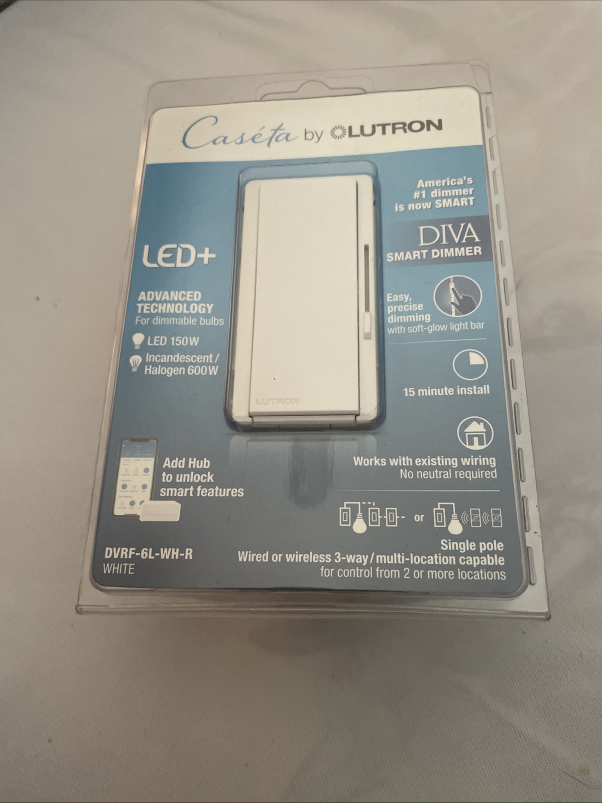 Lutron Diva Smart Dimmer DVRF-6L-WH-R White,New
