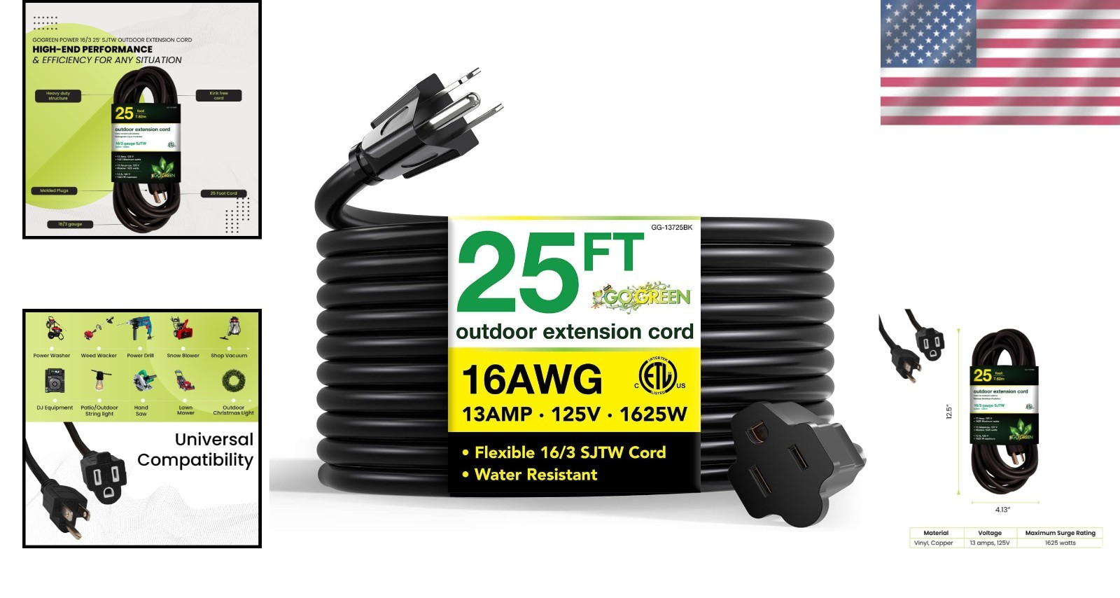 25ft Black SJTW Extension Cord – Moisture & Abrasion Resistant for Outdoor Use