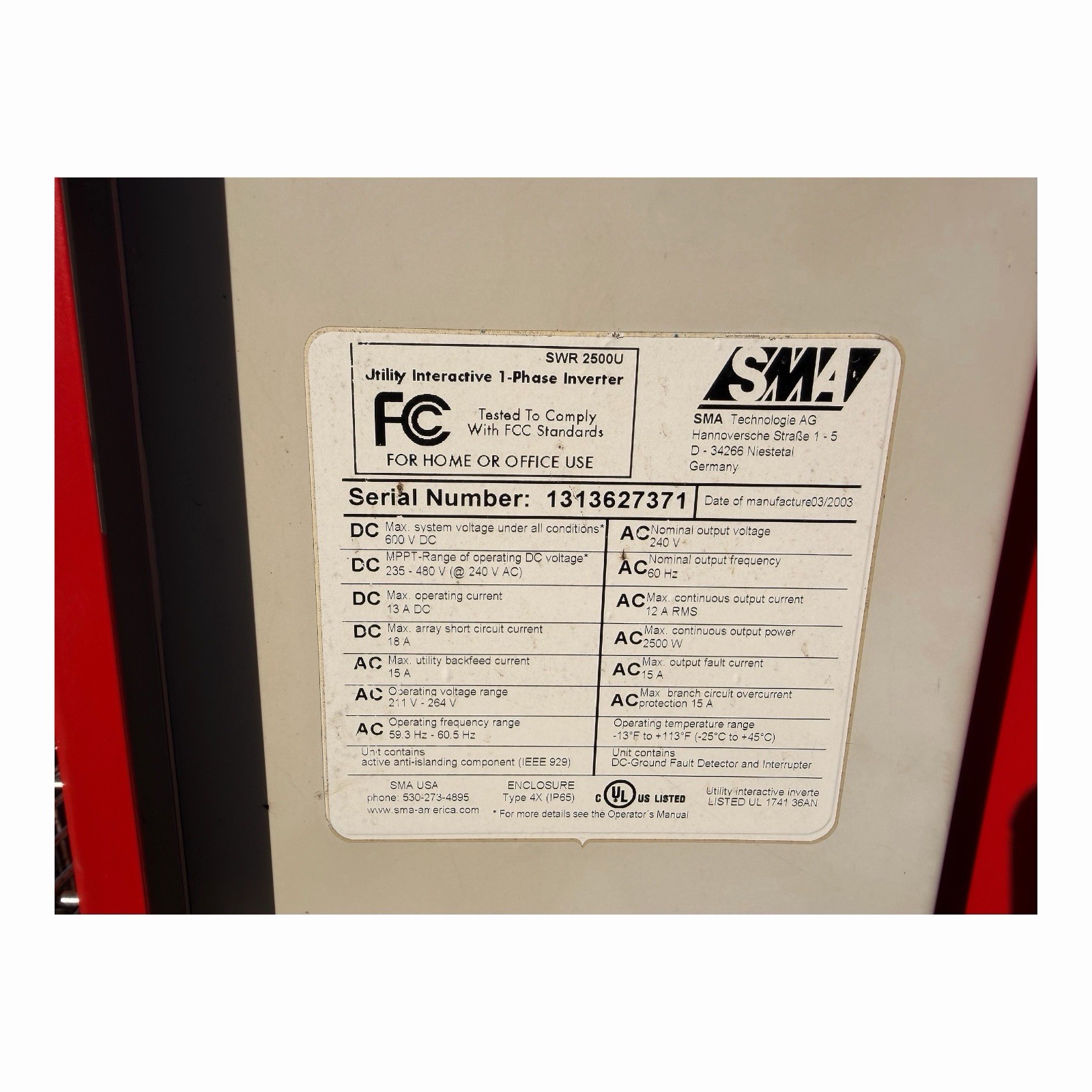 2 SMA 2500U Utility Interactive Single Phase Inverter – Sunny Boy SWR Read*