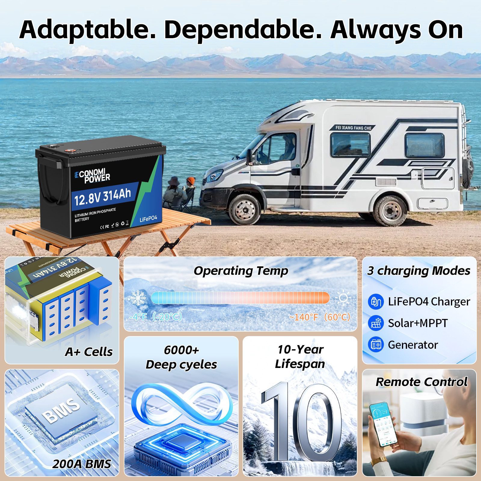 12V 300Ah 314Ah LiFePO4 Deep Cyle Battery Bluetooth 200A BMS for Solar RV Marine