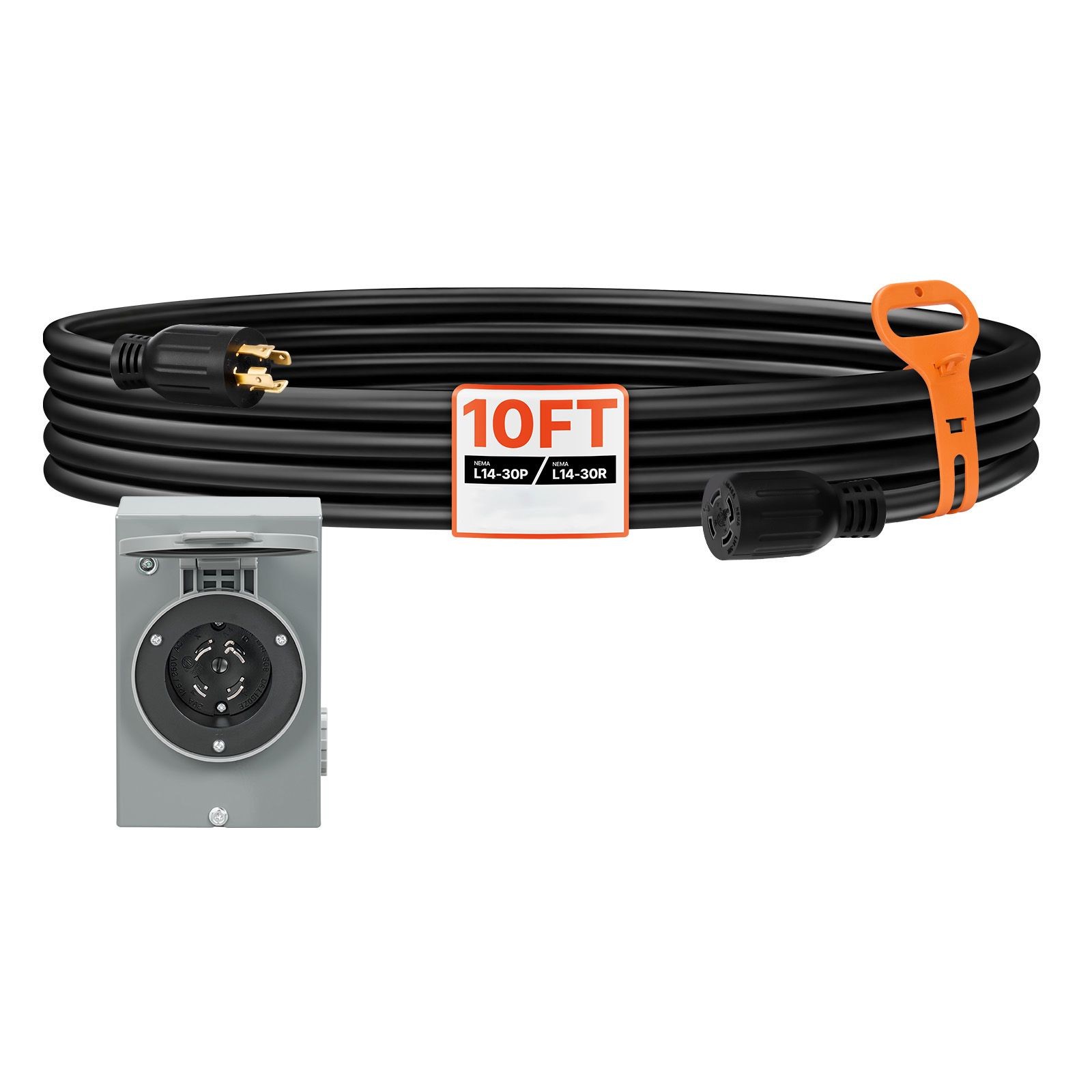 30A 10ft Generator Cord L14-30P to L14-30R, SJTW 10AWG, 7500W, w/ Inlet Box