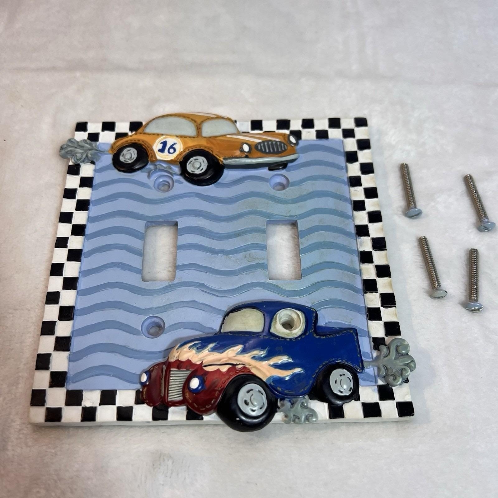 Borders Unlimited Light Switch Boy’s Room Double Wall Plate Race Cars Kids Truck