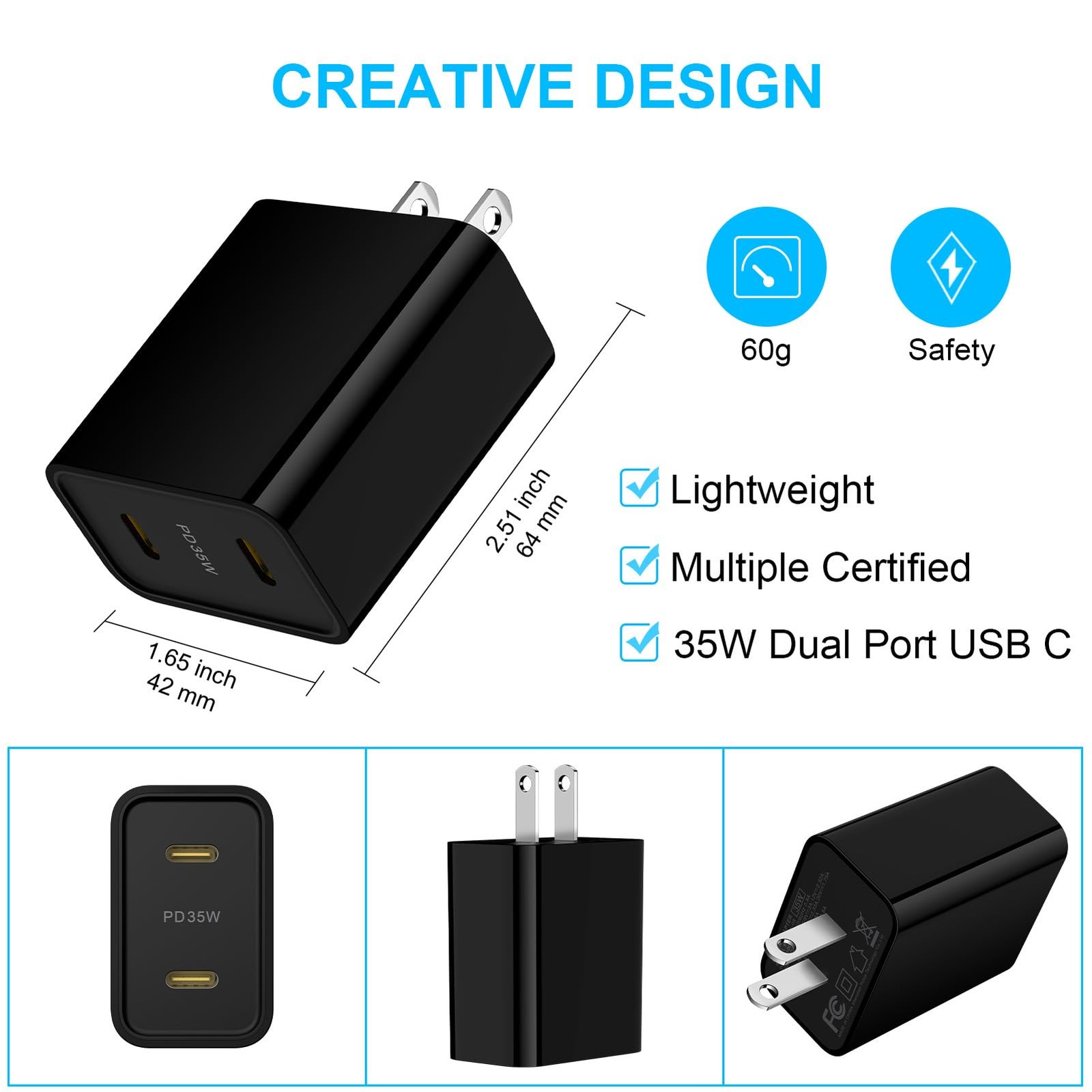 35W USB C Fast Charger 2 Port PD Wall charger Adapter For iPhone iPad Samsung