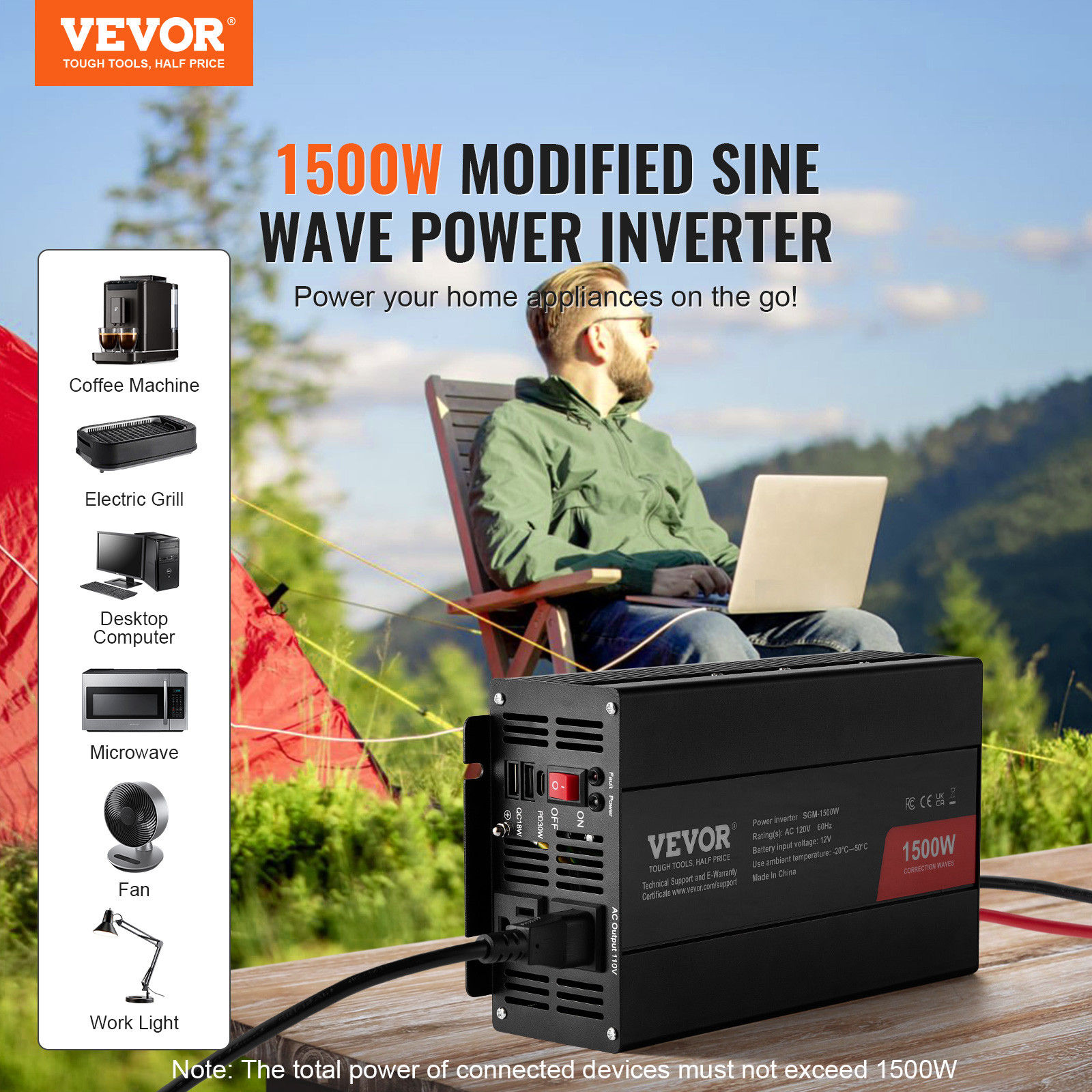 VEVOR Modified Sine Wave Power Inverter 1500W DC12V to AC120V CE FCC Certified