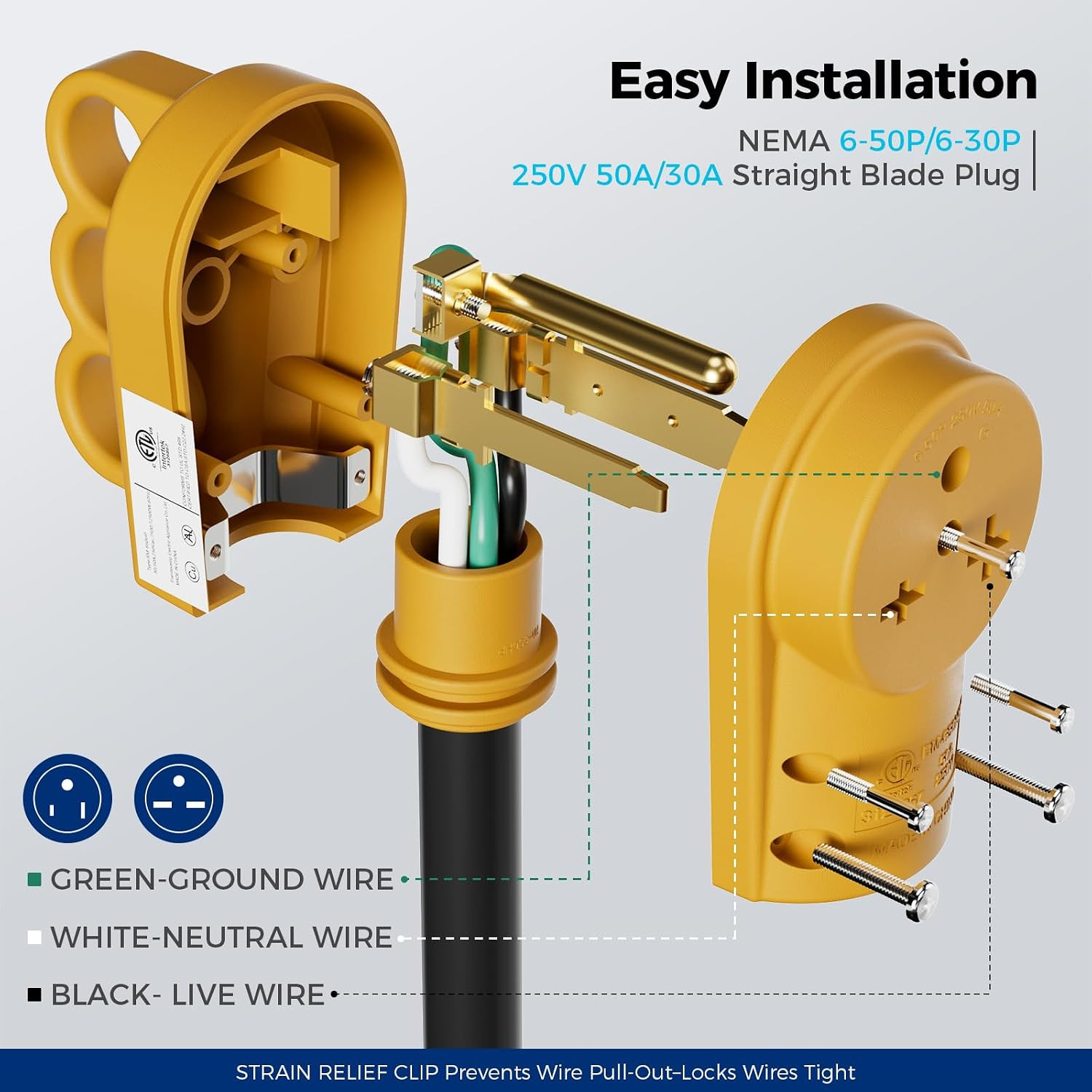 2 Pack NEMA 6-50R 50A 250V Female Welder Receptacle, Heavy Duty Rewirable 3-Pron