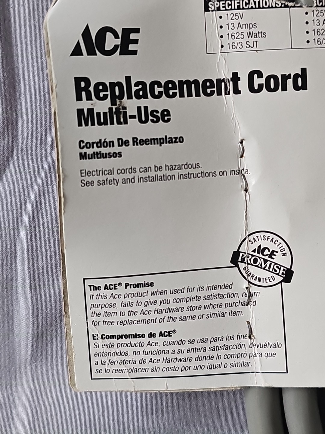 ACE HARDWARE GENERAL PURPOSE REPLACEMENT CORD 16/3 6 FT. BRAND NEW