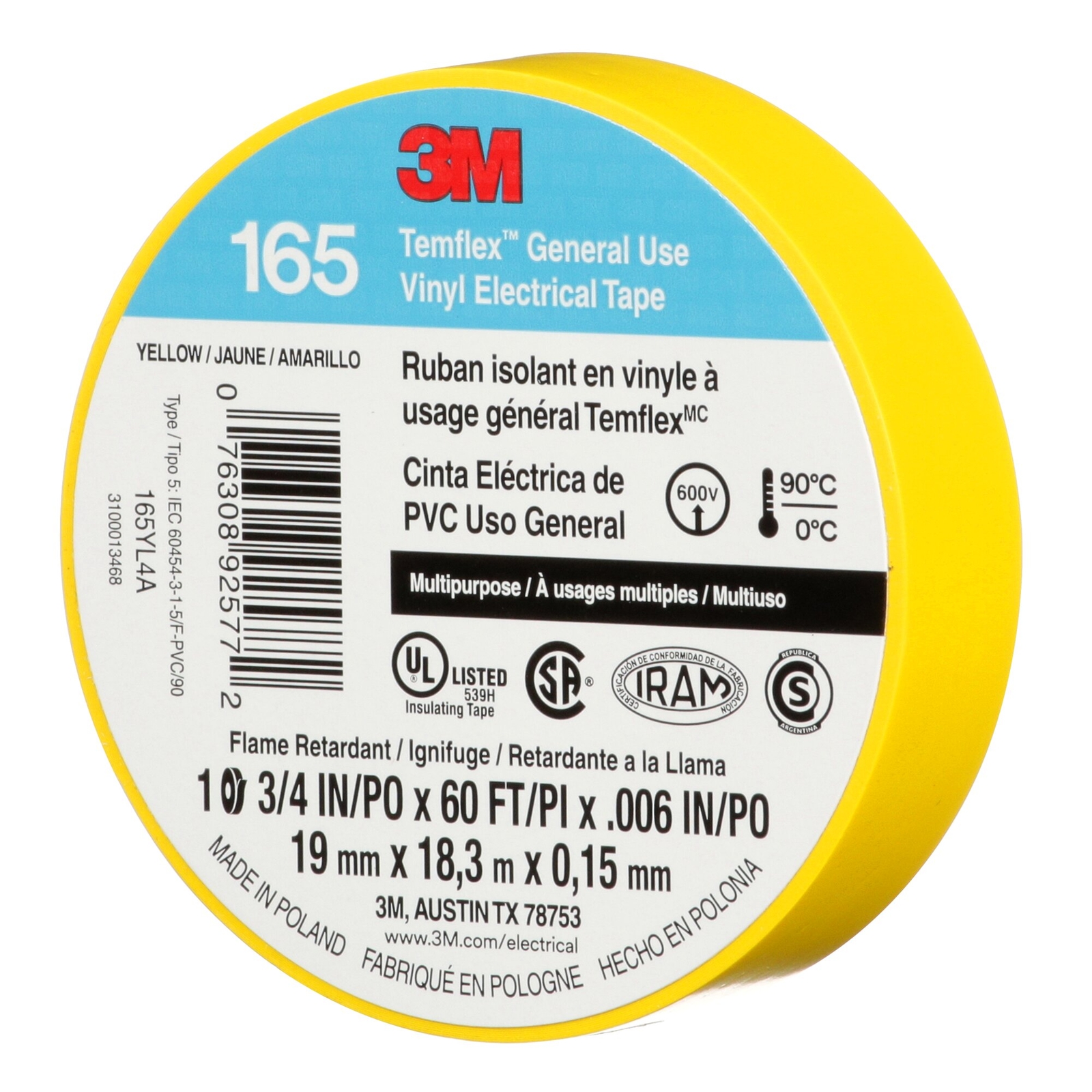 3M Temflex Vinyl Electrical Tape 165, Yellow, 3/4 in x 60 ft (19 mm x 18 m)