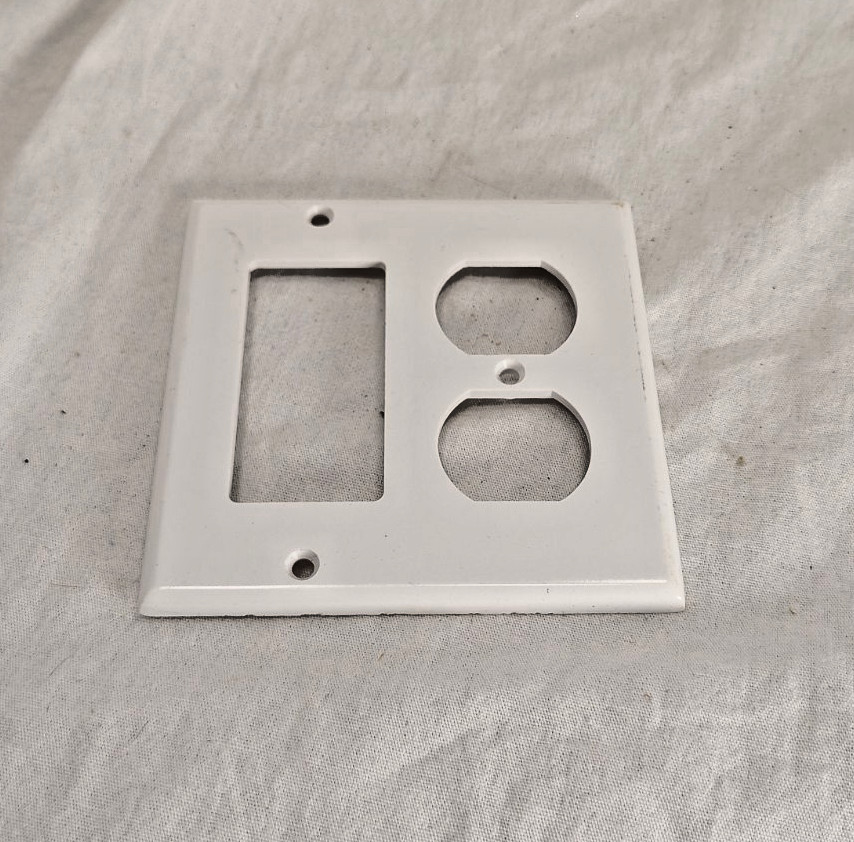 outlet cover, white, two plug, one switch size, measures 4.5×4.75 inches