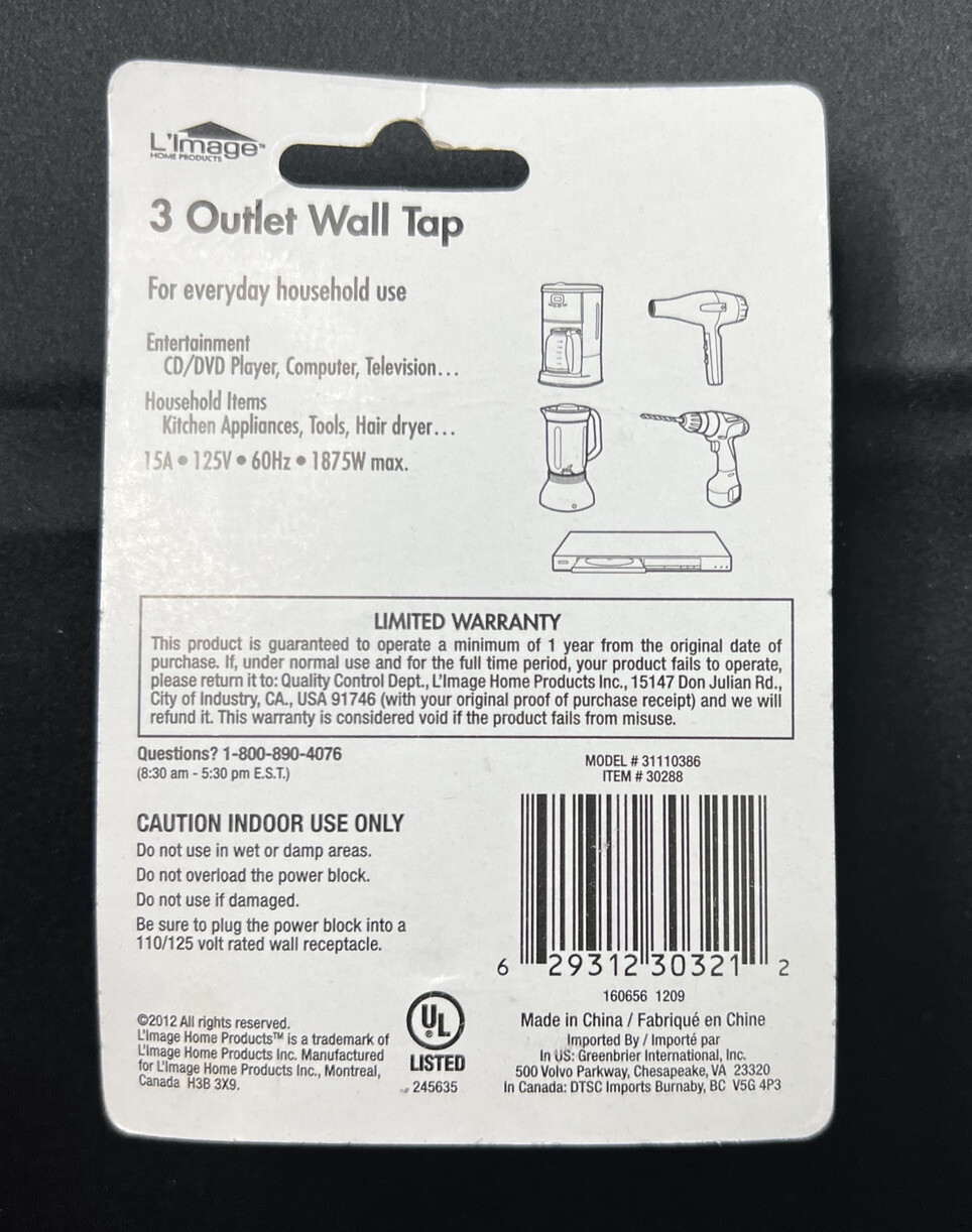 L’Image 3 Outlet Wall Tap – Converts Receptacles To Three Outlets, Gray