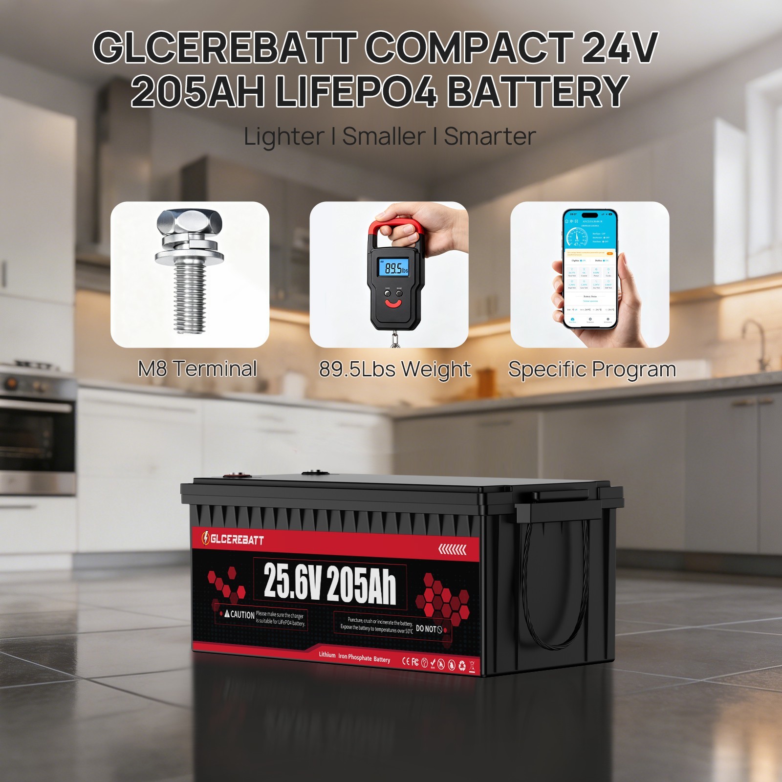 25.6V 205Ah LiFePO4 Battery 5.2kWh 200A BMS Bluetooth | RV Solar Marine Off-Grid