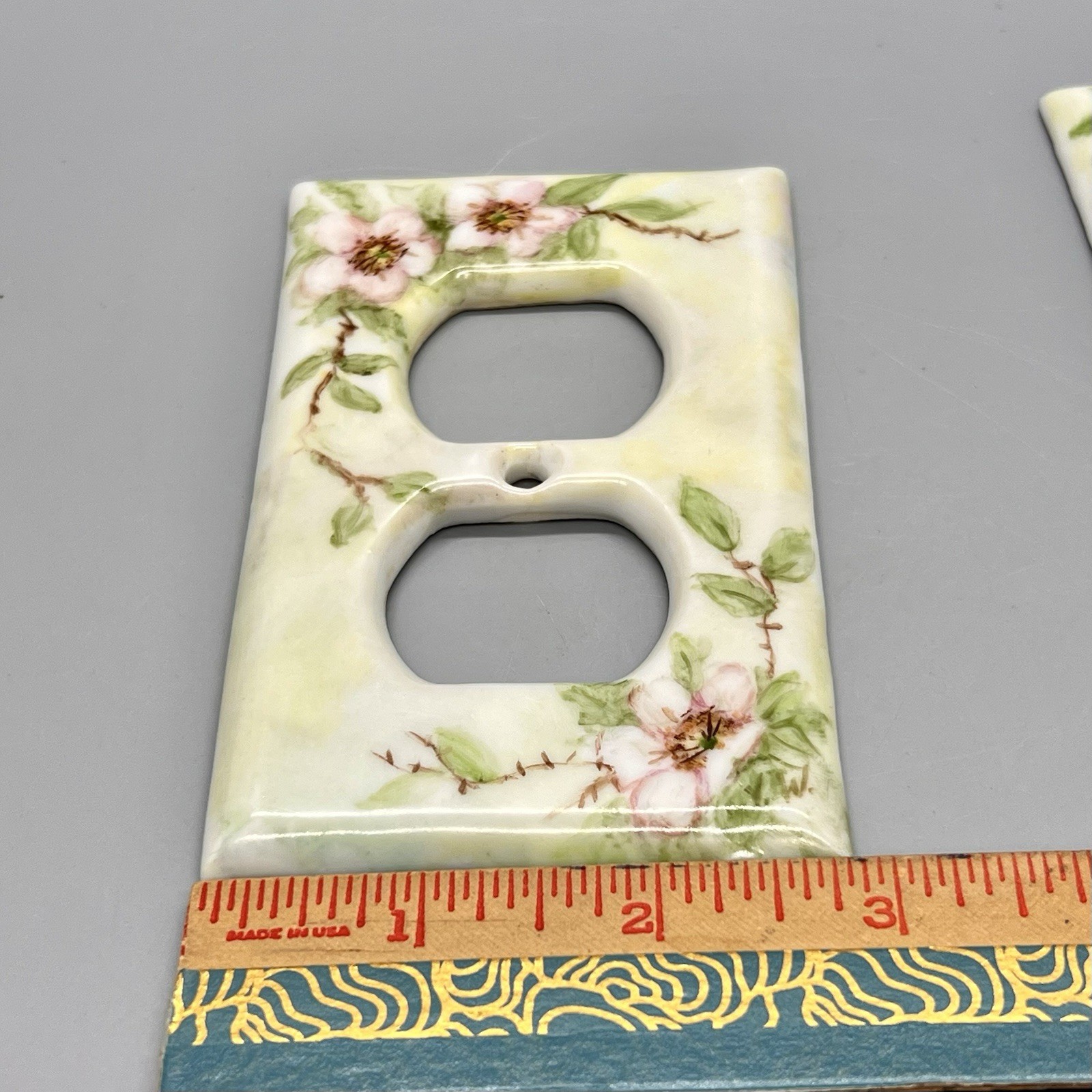 2 – Vintage Porcelain Outlet Covers Hand Painted Green w/ Pink Dogwood Florals