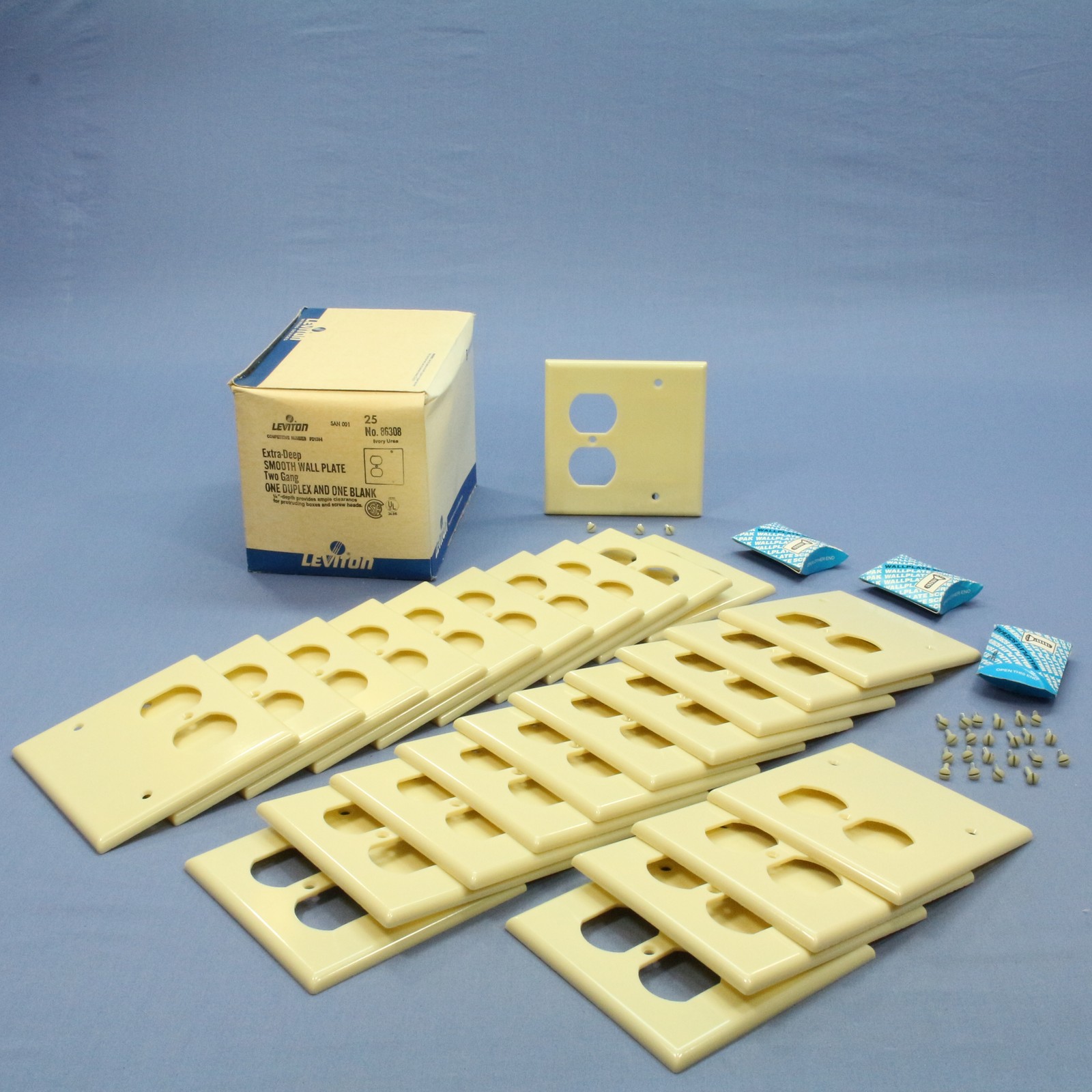 Leviton 86308 Ivory 2-Gang Blank Duplex Plastic X-Deep Wallplate Box Mount 25pcs