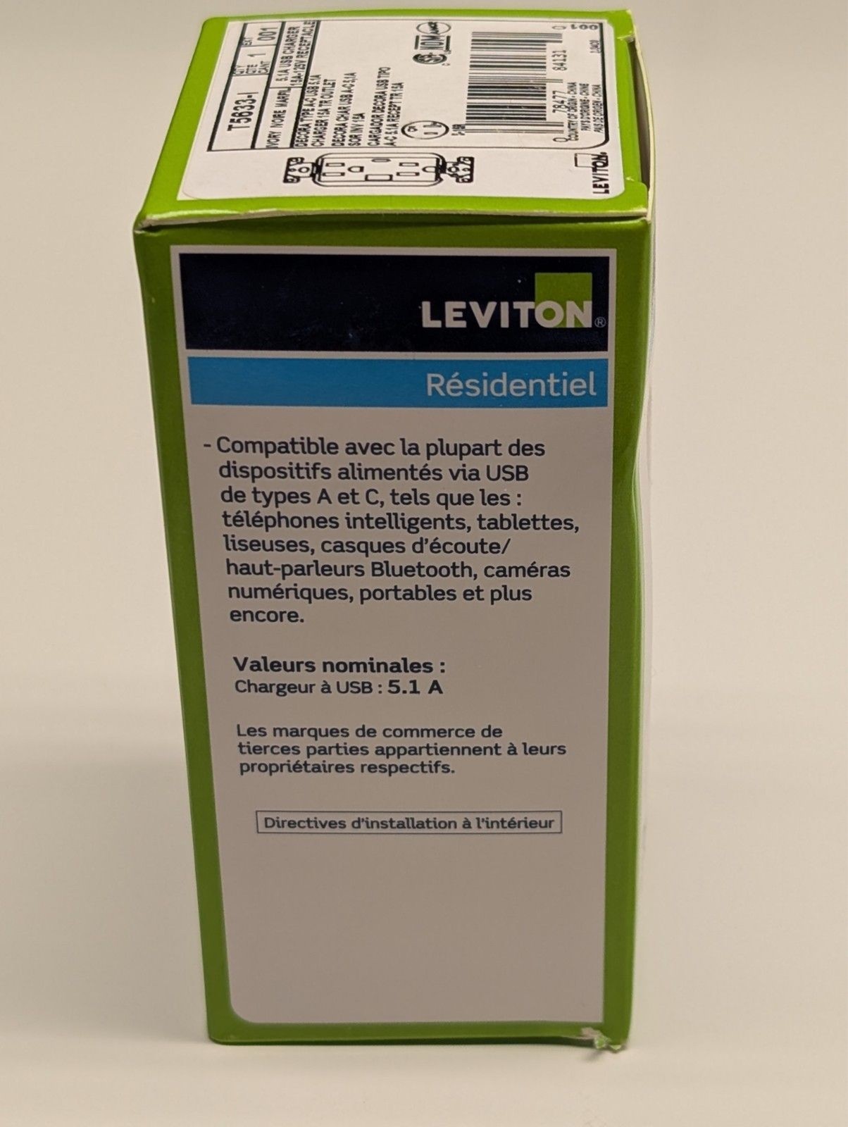 Leviton T5633-I 15A 125V Duplex Outlet With Type A and C USB Charging Ports