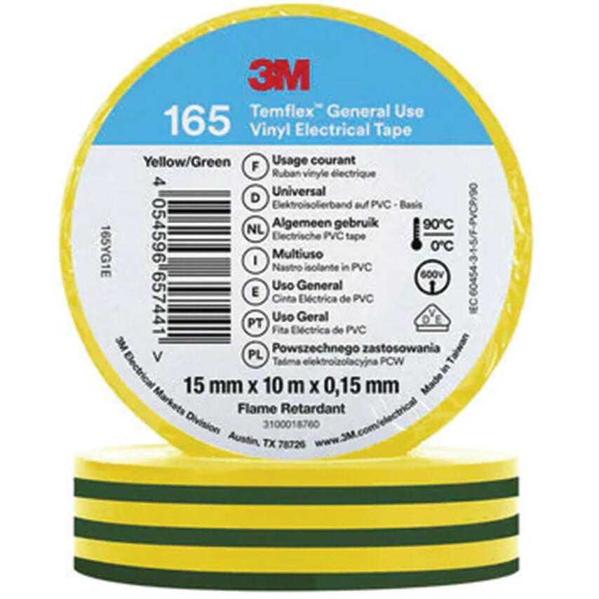 10x PVC Electrical Insulating Tape 15mm x 0.15mm x 10m; Temflex™ 165, yellow, 3M