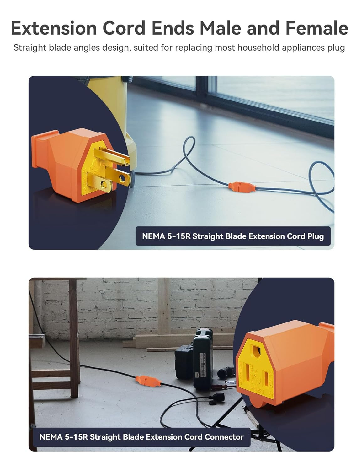 ELEGRP Extension Cord Ends Male/Female Set, Black, 15A 125V, 5 Sets