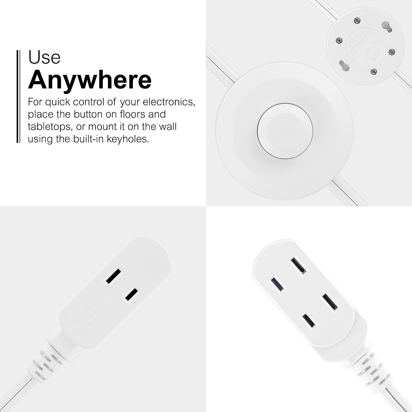 9ft Extension Cord with Footswitch, 3 Outlets, On/Off Switch, UL Listed, White –