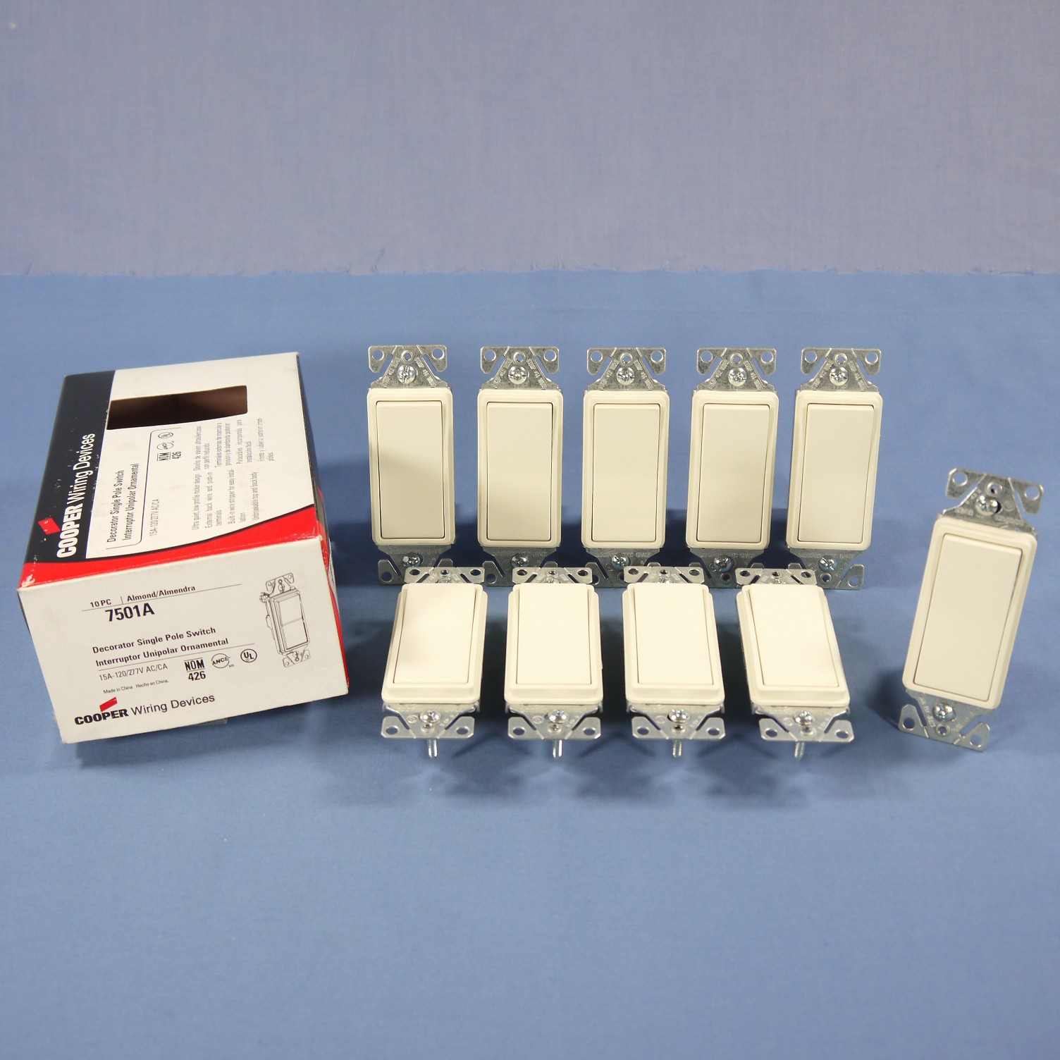 Cooper 7501A Almond Single Pole Decorator Rocker ON/OF Light Switches 15A 10pcs
