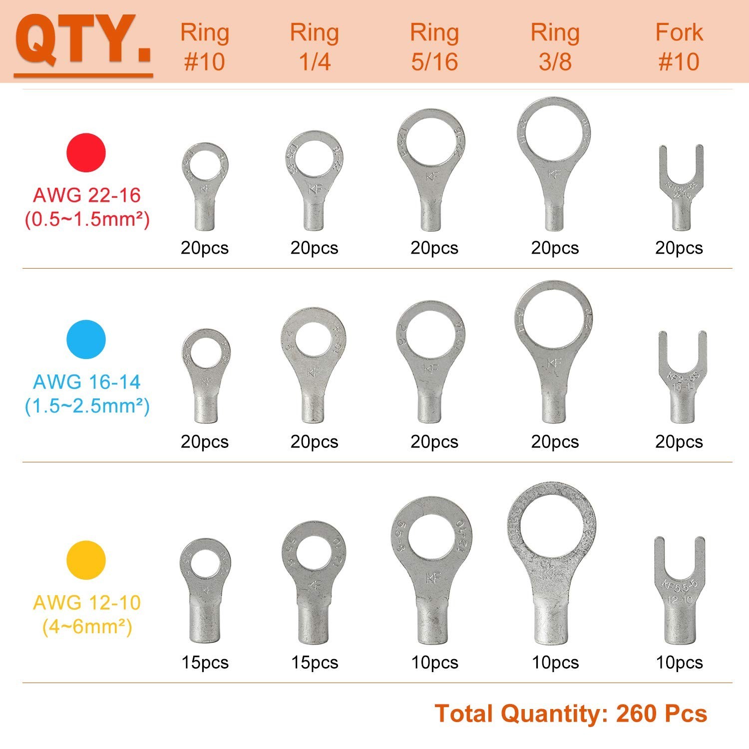 260PCS AWG 22-16 16-14 12-10 Copper Ring Fork Terminals Tin Plated Non-Insula…