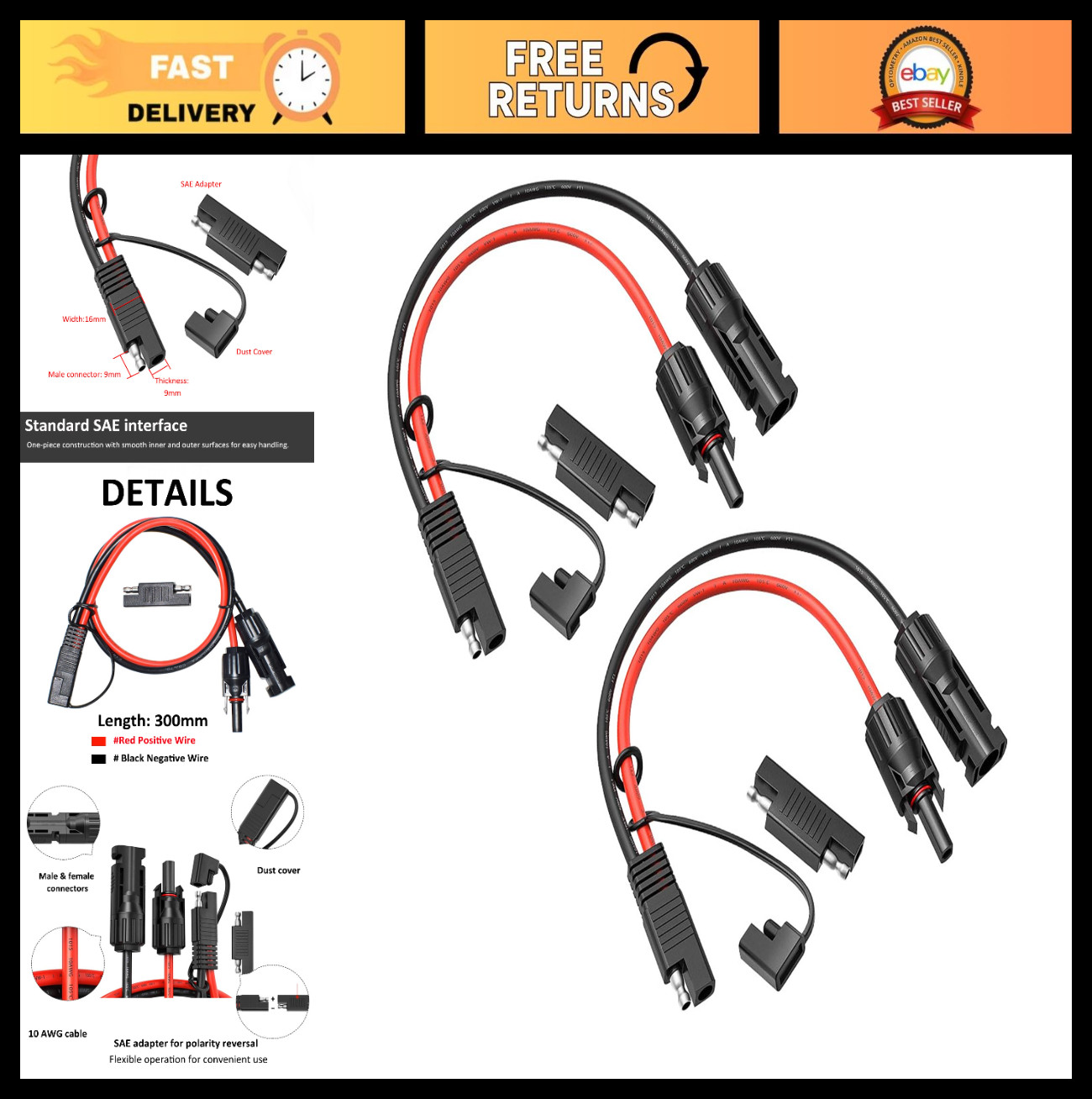 2PCS 1FT 10AWG MC4 to SAE Adapter Cable – Solar Panel Extension, Polarity Revers