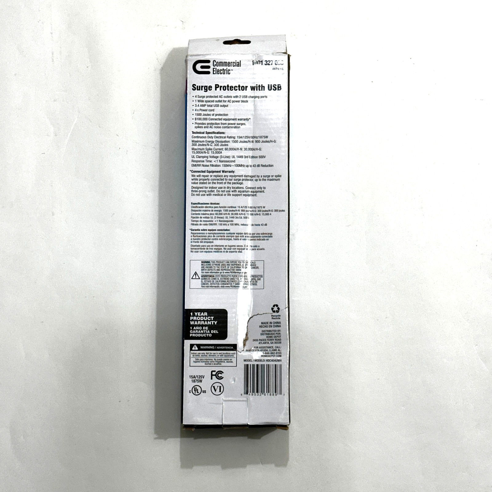 Commercial Electric 4 Outlet Surge Protector USB 1500 Joules HDC404UWH NEW