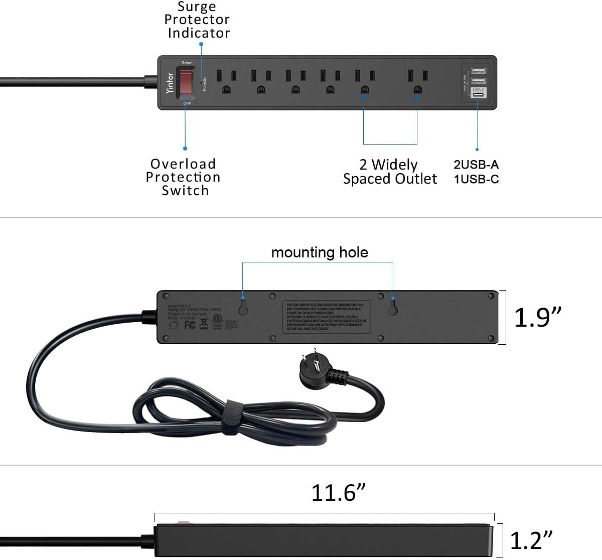 6Ft Black Surge Protector Power Strip with 3 USB Ports & 10A Overload Protection