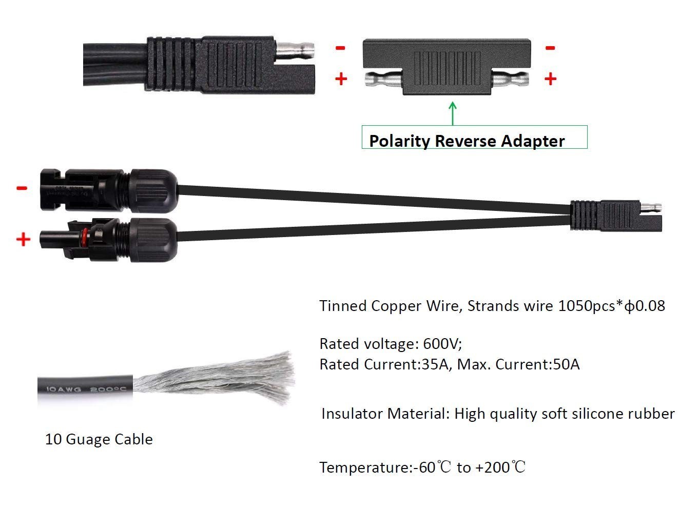 High-Quality 10AWG Solar Connector Cable with SAE to MC-4 Compatibility – 13.8ft