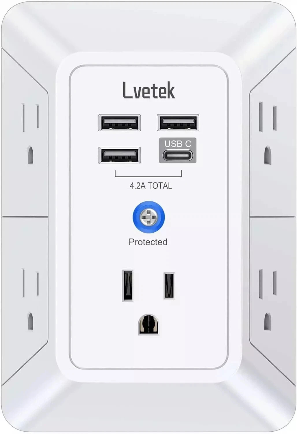 5 Outlet Extender Multi Plug Wall Outlets with 4 USB Charging Ports (1 USB C Out