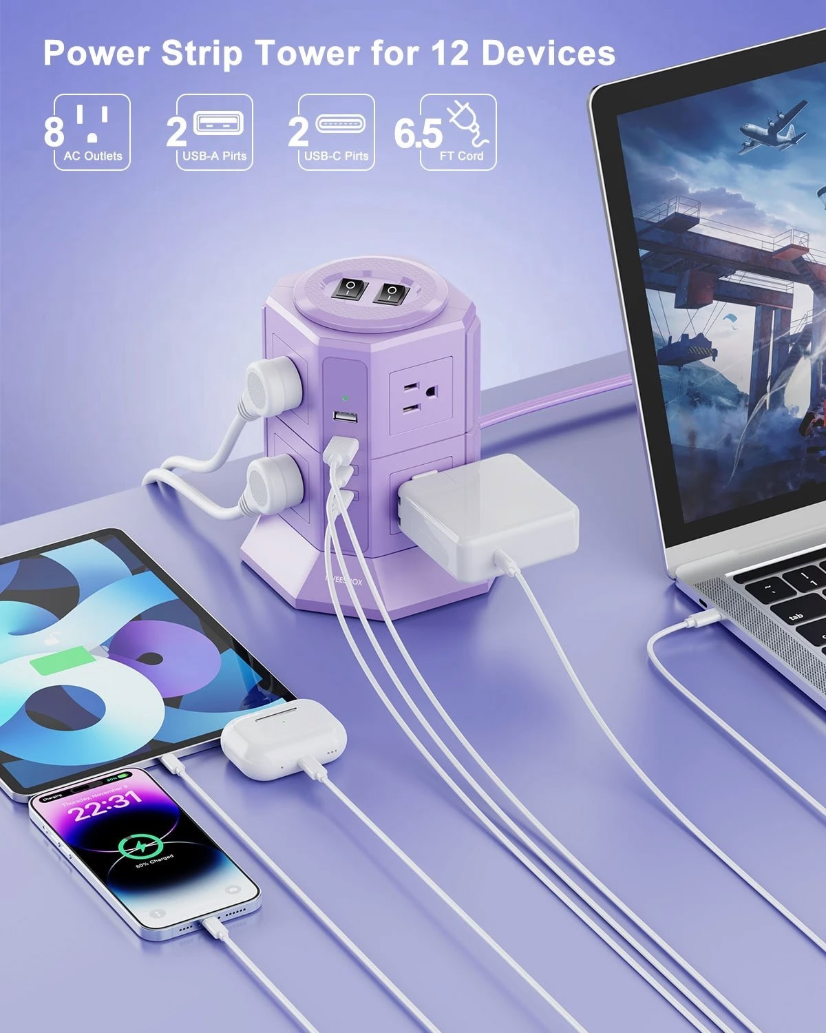 12 in 1 Tower Power Strip 8 Outlets 4 USB 1080J 6.5ft
