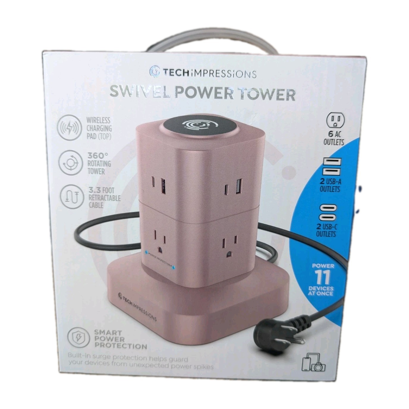 Tech Impressions Spinning Charging Tower w/Surge Protection-Rose Gold-NEW