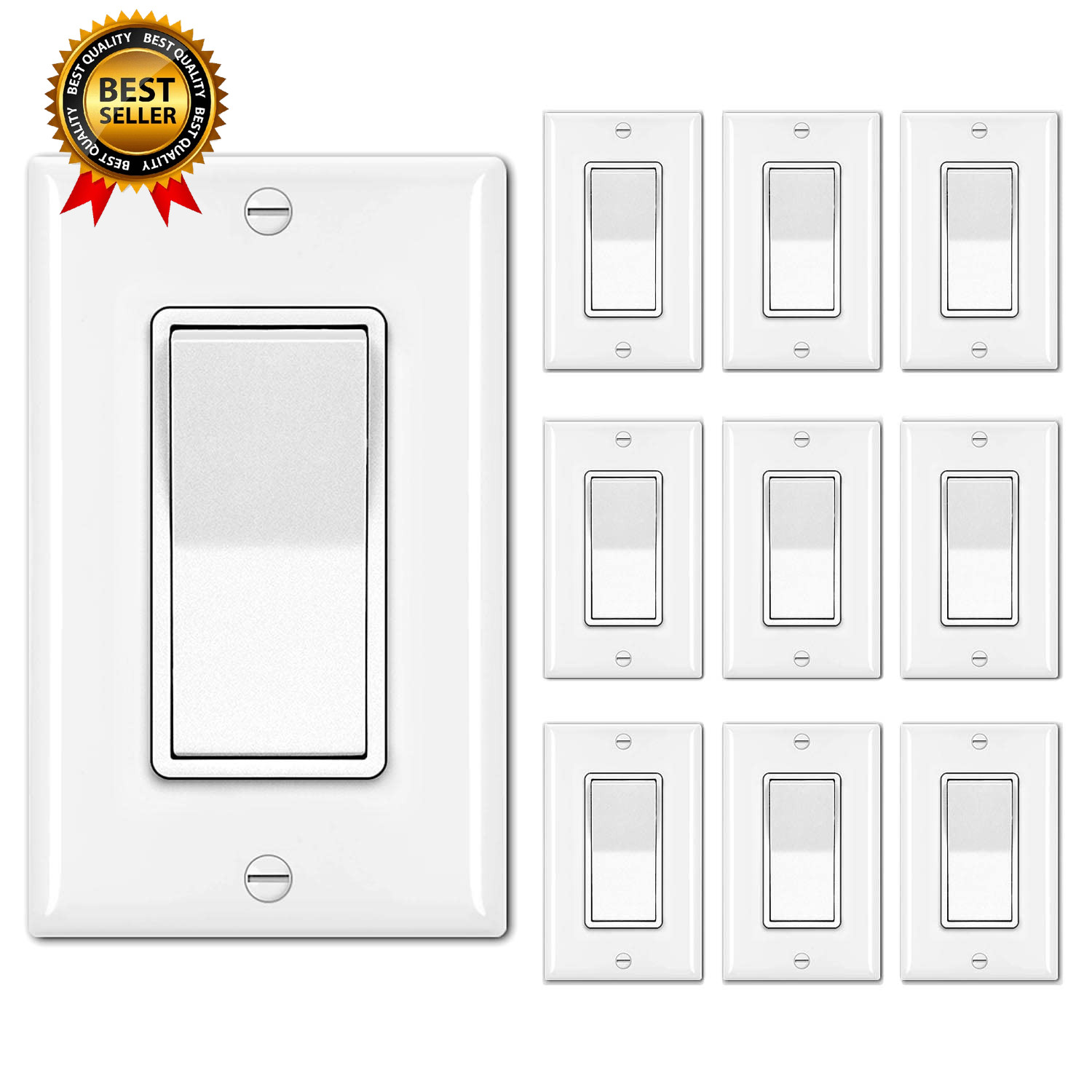 10 Pack Single Pole Decorator Light Switch with Wallplate 15A 120 277V Rocker…